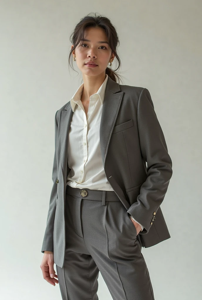 Jessica Henwick, brown overcoat, white t-shirt, black tight skirt.