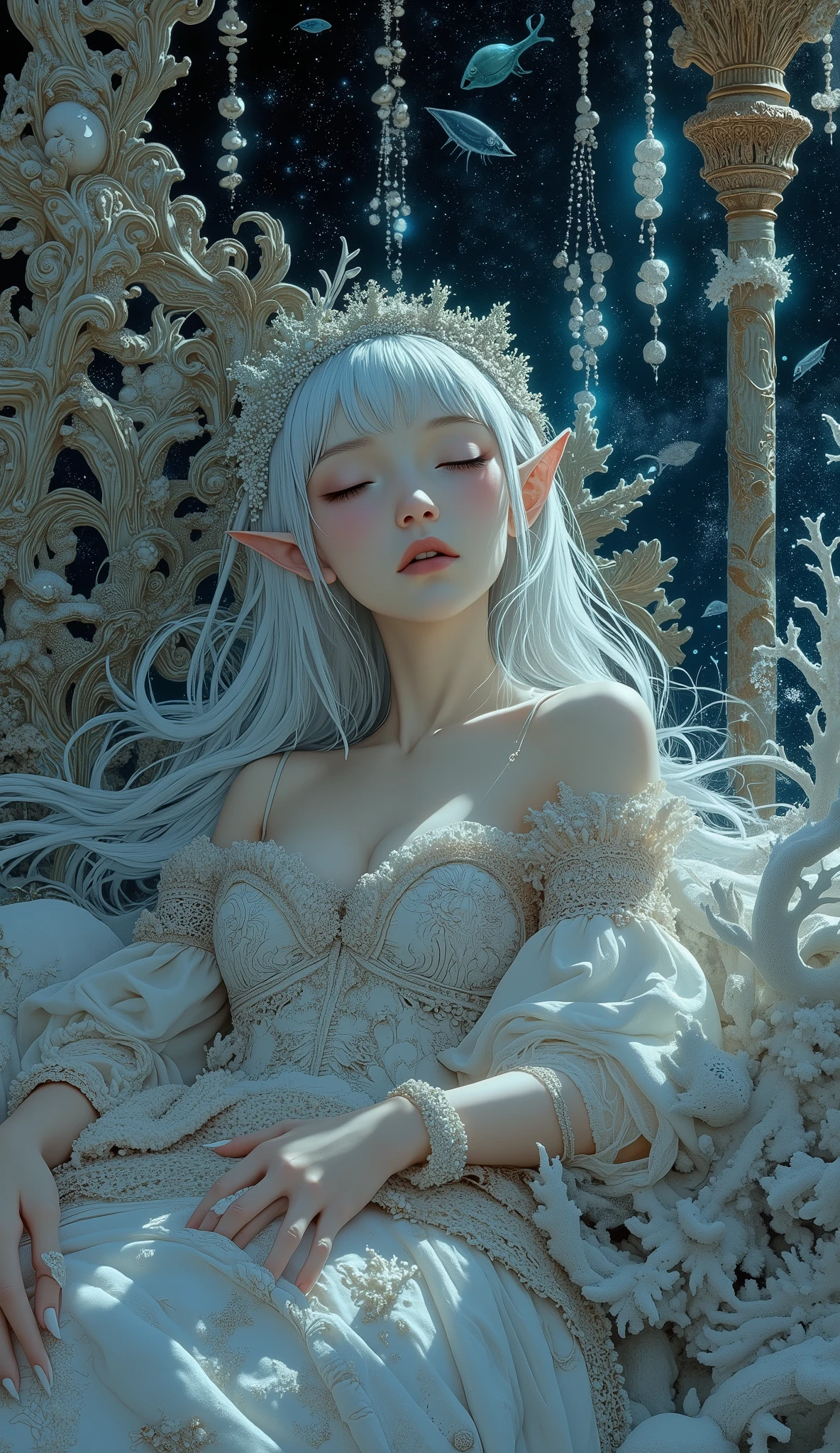 (A fusion of Ukiyo-e and dark fantasy. Aesthetic and gothic digital art. Draw a detailed face.) BREAK
(White hair. Blunt bangs. White eyebrows. Long white eyelashes. Almond-shaped eyes. Closed eyes. Thick, dark eyeliner. Small pink lips. Slightly pointed ears. Pale skin. Thin limbs. Thin fingers. White nails. Draw one thumb and four fingers accurately.) BREAK
(A beautiful sea elf princess sleeping peacefully on a bed made of intricately carved coral, in the abyssal darkness of the deep sea. The gothic-style canopy is adorned with shimmering pearls and shells. She wears delicate 15th-century Italian Renaissance-inspired undergarments, crafted from shimmering silk and lace. Bioluminescent deep-sea creatures, glowing like neon, illuminate her surroundings. A cascade of ghostly marine snow drifts down, creating a surreal and ethereal atmosphere. The bed and surrounding furnishings are detailed in a late-medieval Italian court style. Detailed, fantastical art style, cinematic lighting, ultra-realistic.)