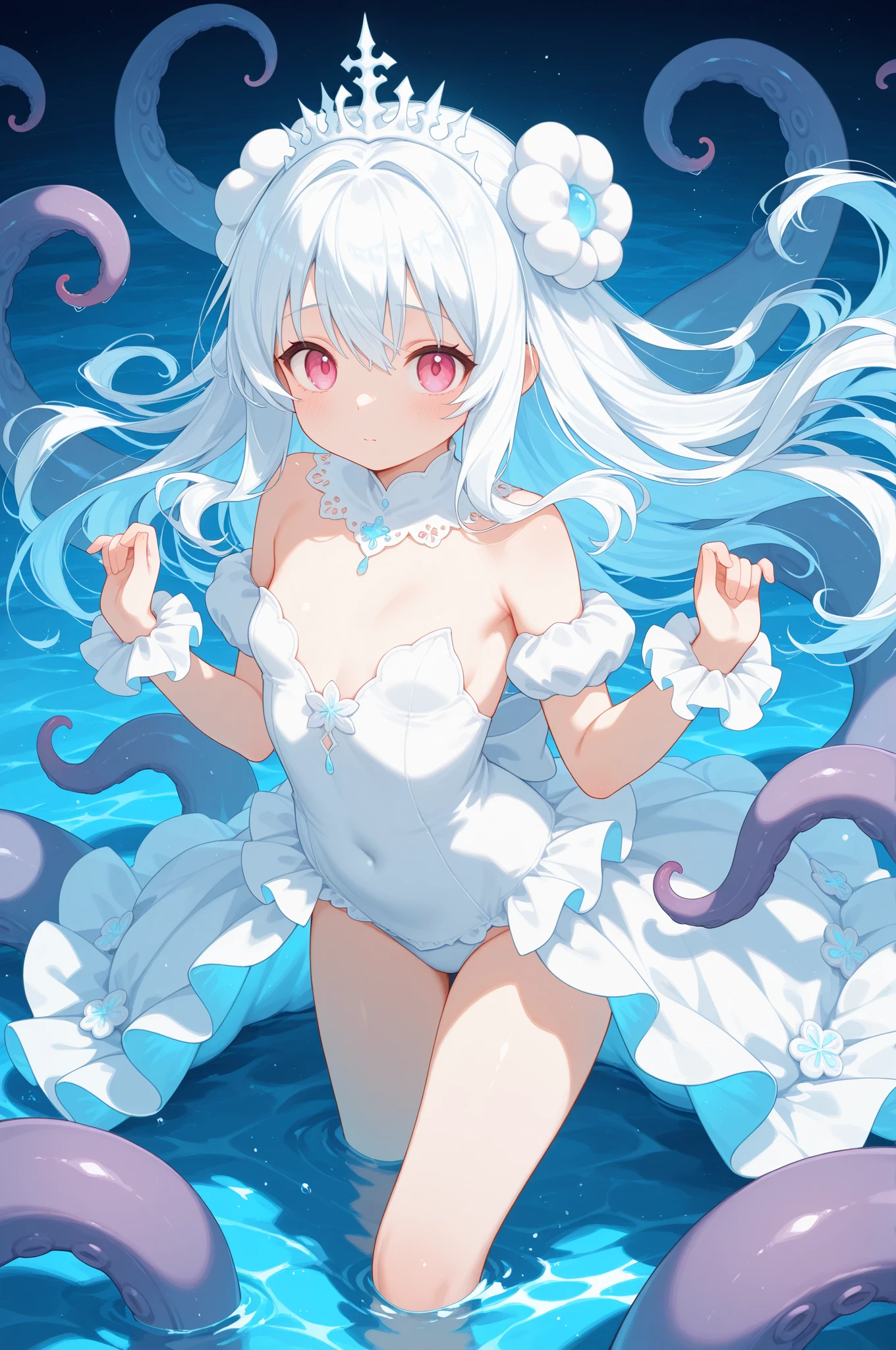 16 year old girl, bearish short girl, Super detailed, very delicate and beautiful, game CG, flat chest, long hair, white hair, young girl, one girl, masterpiece Super detailed, very delicate and beautiful, flat chest, long hair, gray hair, two side up hair, one girl, anatomically correctct, masterpiece@, light blue arabian dancer costume, dancer adventurer, light blue arabic panel skirt, light blue Arabian style bustier,NSFW, {{{after losing the battle}}}, {{{tired after the battle}}}, grabbed by tentacles, cum in pussy, squirting, sweaty skin, attacked by tentacles, (gangbang:1.2), {{{rape}}}, (sex:1.2), daze, clothed sex, orgasm trembling, nsfw, {{{{Dripping}}}}, {{trembling movement line with sexual climax}}, orgasm face, cry out, close your eyes, Cowgirl SEX, small nipples, excited look, Veil skirt for belly dancing, Tentacles wrapping around human body, girl wrapped in tentacles, Tentacles binding person, insert tentacle into mouth, turn one's body sideways, illustration, masterpiece, anatomically correct 