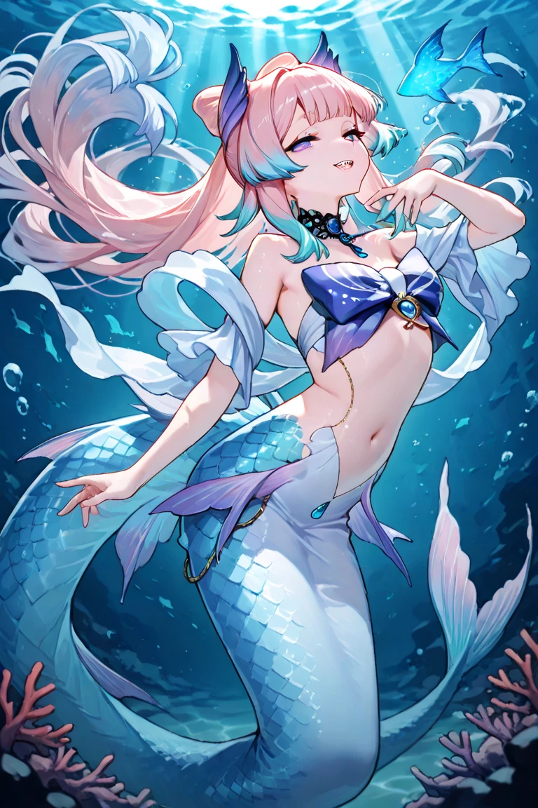 1girl,cowboy shot,beautiful noelle_silva,long hair ,twintails, bangs,silver hair,purple eyes, cleavage, tiara, monster girl, (mermaid:1.1), water, navel, bare shoulders, hair ribbon,underwater, shell, scales,(volumetric lighting), best quality, masterpiece, intricate details, tonemapping, sharp focus, hyper detailed, trending on Artstation,
