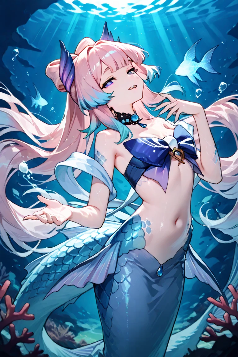 masterpiece, best quality,(perfect five fingers,The best ratio of four fingers and one thumb),A girl,blond,odango twintails,pink,Blue Eyes,(Exquisite eyes),Large Breasts,Hair accessories,Head fin,Mermaid,pink的Mermaid尾巴,Bangs,full-body shot,beach,拿着pink魔法棒