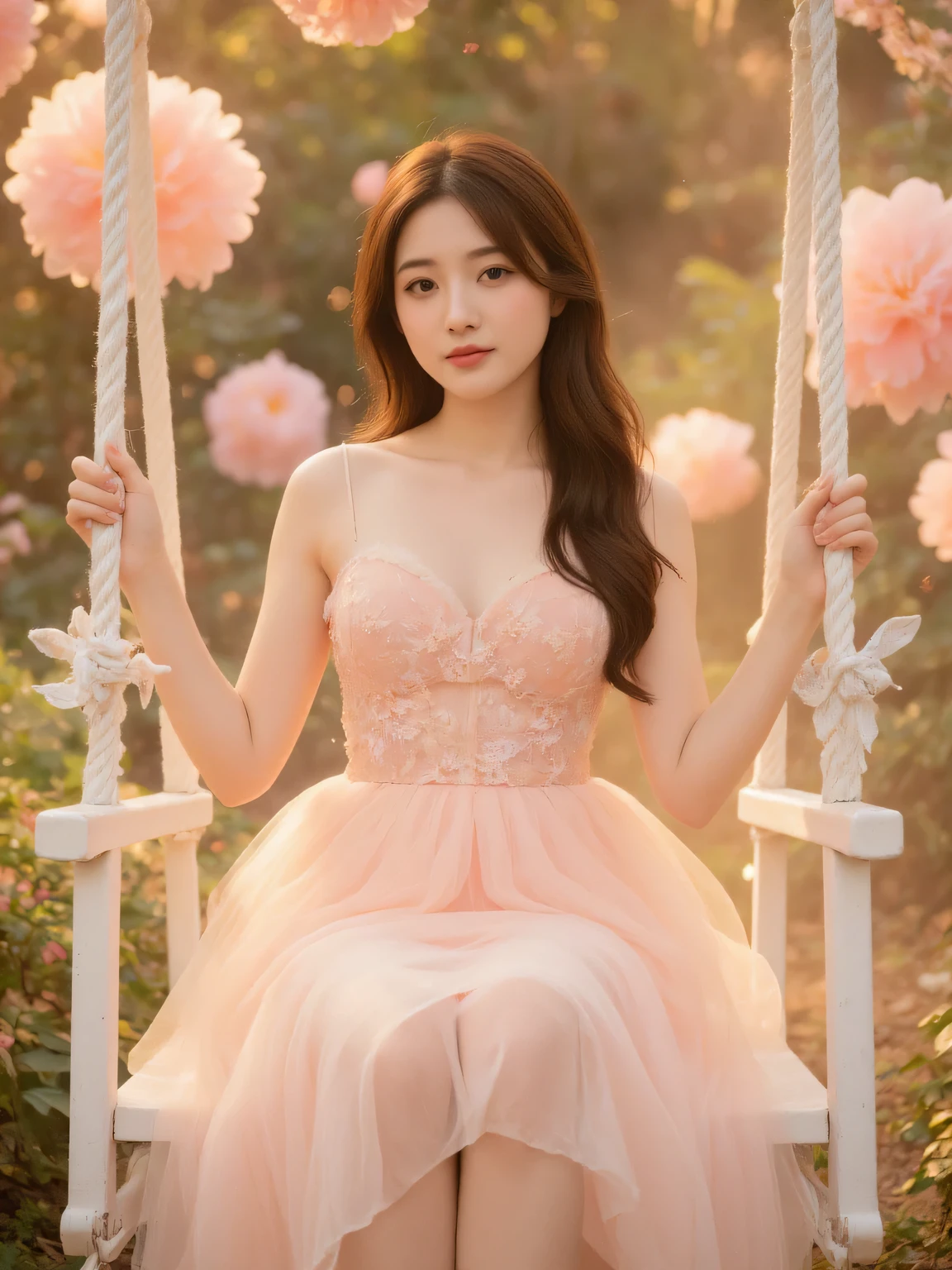 A hyper-realistic full-body portrait of a beautiful young Asian woman with flawless fair skin and long wavy brown hair. She is sitting front-facing on a vintage white swing, gracefully posing with her hands resting on the ropes. Her expression is calm and enchanting. She is wearing a pastel pink ethereal fairy gown with layers of soft tulle, delicate floral embroidery, and a softly glowing skirt. The scene is set in a magical garden filled with giant glowing peony flowers, dreamy mist, and sparkles. Warm, golden ambient light surrounds her, with soft bokeh and a fairytale atmosphere. The white swing is gently hanging from invisible threads or floral arches, blending into the dreamy background. ultra realistic, cinematic soft lighting, divine atmosphere —v 6 —ar 2:3