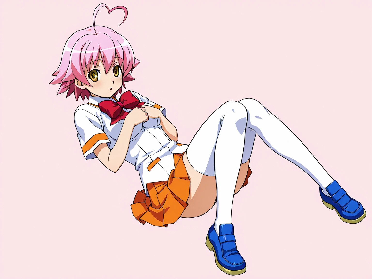 ,((masterpiece: 1.2)),ultra-detailed, ultra high res, high quality, 4K, solo, 1girl,extreamly delicate and beautiful,illustration,masterpiece,(illustration),(highres),pink_hair,((twin tails)),(fullbody),akiho,white dress,((pink striped tights)),((white shoes)),crossed legs,sitting