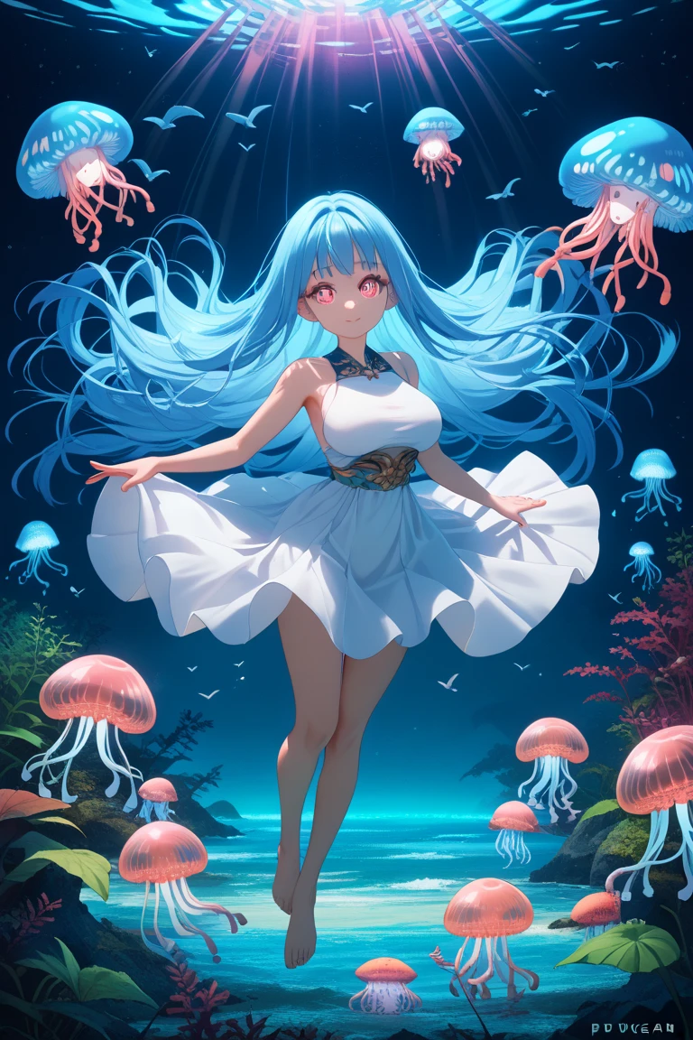 Masterpiece, best quality, (Very detailed CG unity 8k wallpaper.), (best quality), (best illustrations), (best shadow), Sea theme with natural elements. High mangrove forest, rich Marine plants, Fluorescent jellyfish, Surrounded by fish, particle effect glow,, (Marine plants), (Ocean theme), ((Fluorescent algae)), (coral), ((Fluorescent jellyfish )), ((Bioluminescent creatures in seawater)), ((Sea of Fire)), (((particle effect))), isometric 3d, Octane rendering, Ray tracing, Extremely detailed cute
