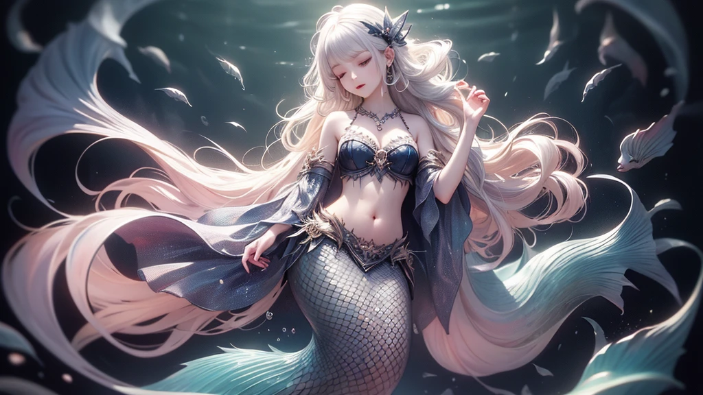 a close up of a woman sitting in a body of water, fine details. anime. tentacles, white haired deity, beautiful mermaid, by Yang J, beautiful depiction, iridescent scales on her body, beautiful fantasy anime, ”beautiful anime woman, by Yuumei, ((a beautiful fantasy empress)), lamia, beautiful illustration, beautiful anime art