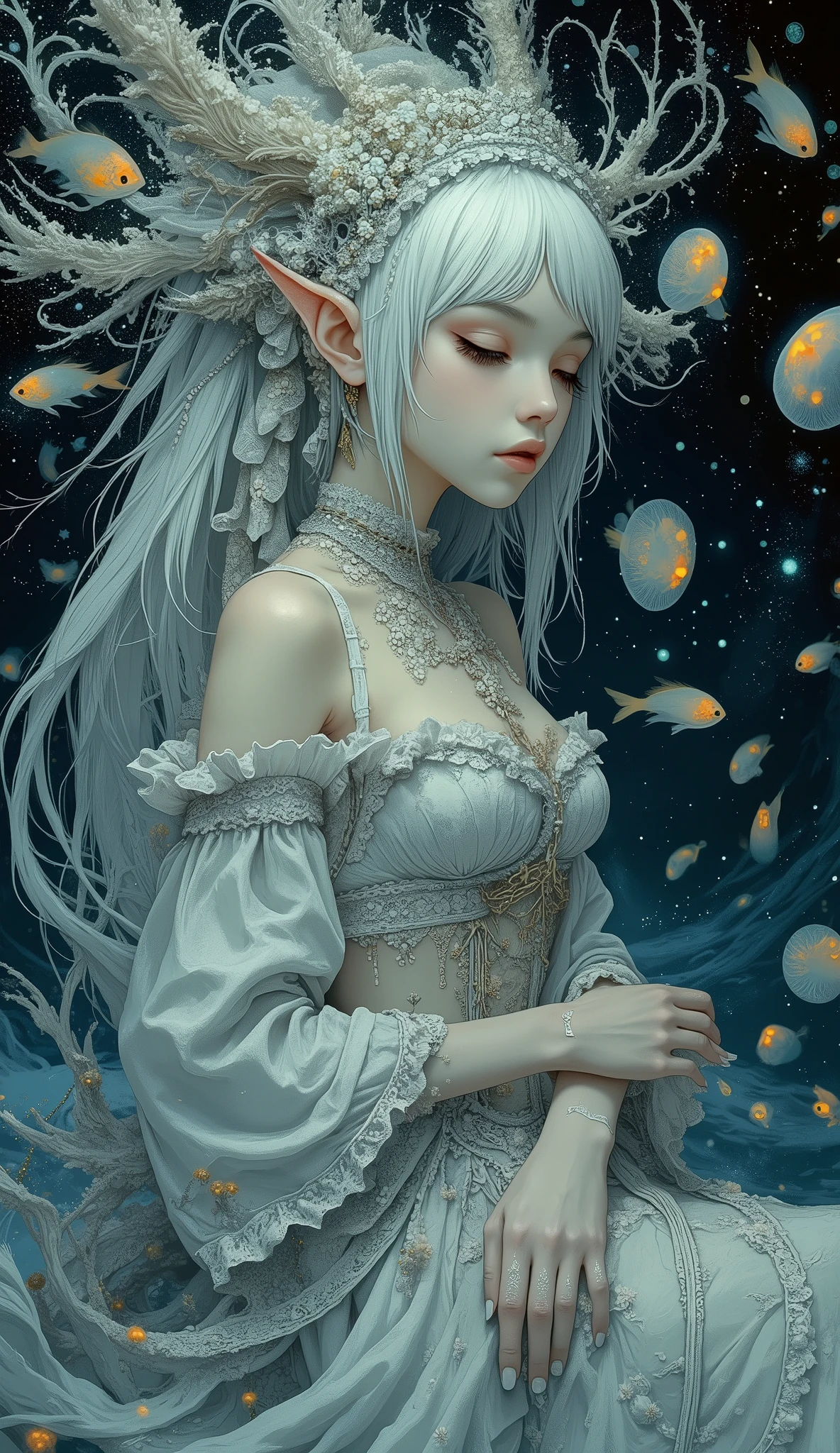 (A fusion of Ukiyo-e and dark fantasy. Aesthetic and gothic digital art. Draw a detailed face. Look away.) BREAK 
(White hair. Blunt bangs. White eyebrows. Long white eyelashes. Almond-shaped eyes. Thick, dark eyeliner. Small pink lips. Slightly pointed ears. Pale skin. Thin limbs. Thin fingers. White nails. Draw one thumb and four fingers accurately.) BREAK 
(An enchanting sea elf maiden in deep sleep, suspended in the midnight zone of the ocean. Her form is draped in delicate, Renaissance-era Italian court lingerie, featuring fine embroidery and ribbons. The only light comes from a school of bioluminescent fish and glowing jellyfish that swarm around her like living lanterns. A continuous shower of faintly luminous marine snow falls gently, capturing the tranquility and mystery of the abyss. Hyper-detailed, fantasy illustration, volumetric lighting, masterpiece.)