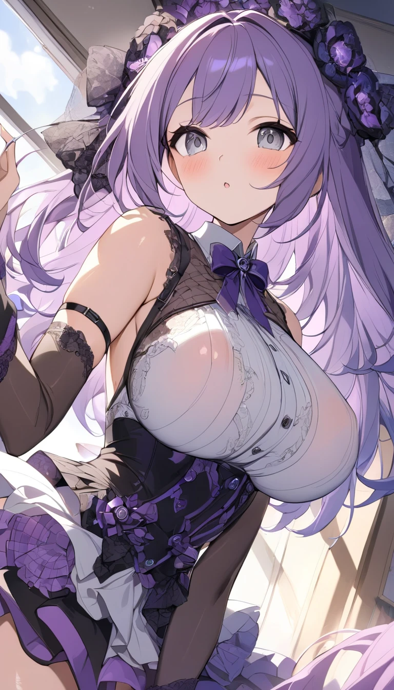 
((Highest quality)), ((masterpiece)), ((Very detailed)), A cute woman with purple hair and a height of about 165cm，A high school girl with a cute smile and ample breasts wearing a transparent black wavy top with a cute patterned hood that shows off her shoulders, 顔が若干縦方向に長いbright笑顔の女性，Small Faced Woman，alone, Cute attitude,(background(bright)，Long Hair - Straight，Knee-high socks、A transparent white veil with a cute pattern and a hood with white off-the-shoulders，White wall、Sitting、Facing the viewer、縁に模様がある壁が1面のbackground