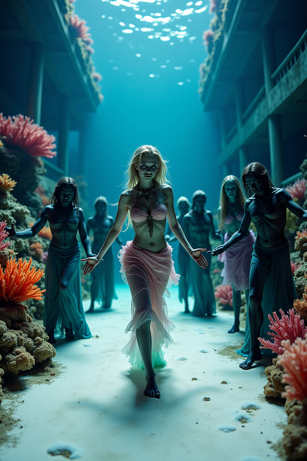 a beautiful girl with long blonde hair in an itty bitty bikini, Jane Mansfield, scuba diving underwater, air tank on her back, large kelp growing around an ancient sunken Buddha statue, underwater ruins nearby, light distortion and rippling water effects, photorealistic, masterpiece, octane render, cinematic lighting, highly detailed
