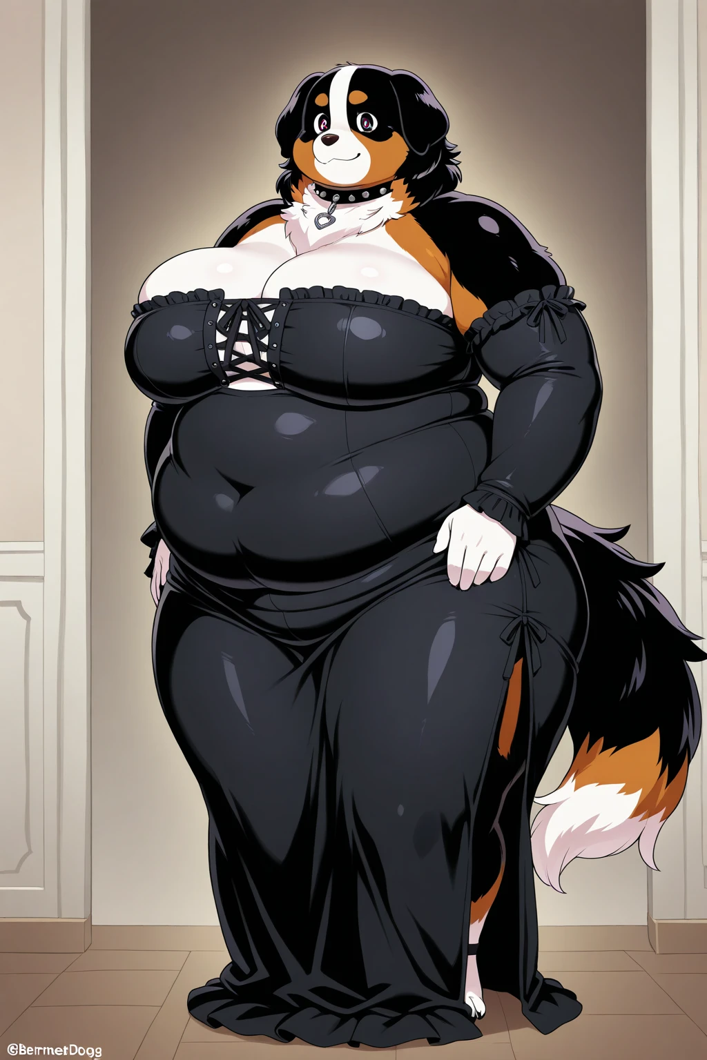<lyco:MegaMilkV1-20:1.0>, poseMega, 1girl, breasts, super crown, collar, spiked collar, spiked bracelet, spikes, horns, large breasts, bracelet, red eyes, crown, ponytail, long hair, smile, jewelry, teeth, nail polish, grin, black_dress, leaning_forward, shirtMega, poseMega, a scene involving one woman, one mesogts woman, (minigts), muscular, voluptuous, thick thighs, big breasts, looking at viewer, wearing tall boots, laying down on bed, laying on stomach, inside, indoors, bed room, bed, chair, table, cabinet, wall art, window, curtains, cozy home, apartment, door, lamp, wood floors, <lora:Mrs. Katswell:1>, cartoon charater, female, furry, cat, tan fur, black hair, blue dress, apron, (thick thighs:1.3), (wide hips:1.4), (cellulite:1.1), (large boobs:1.3)
