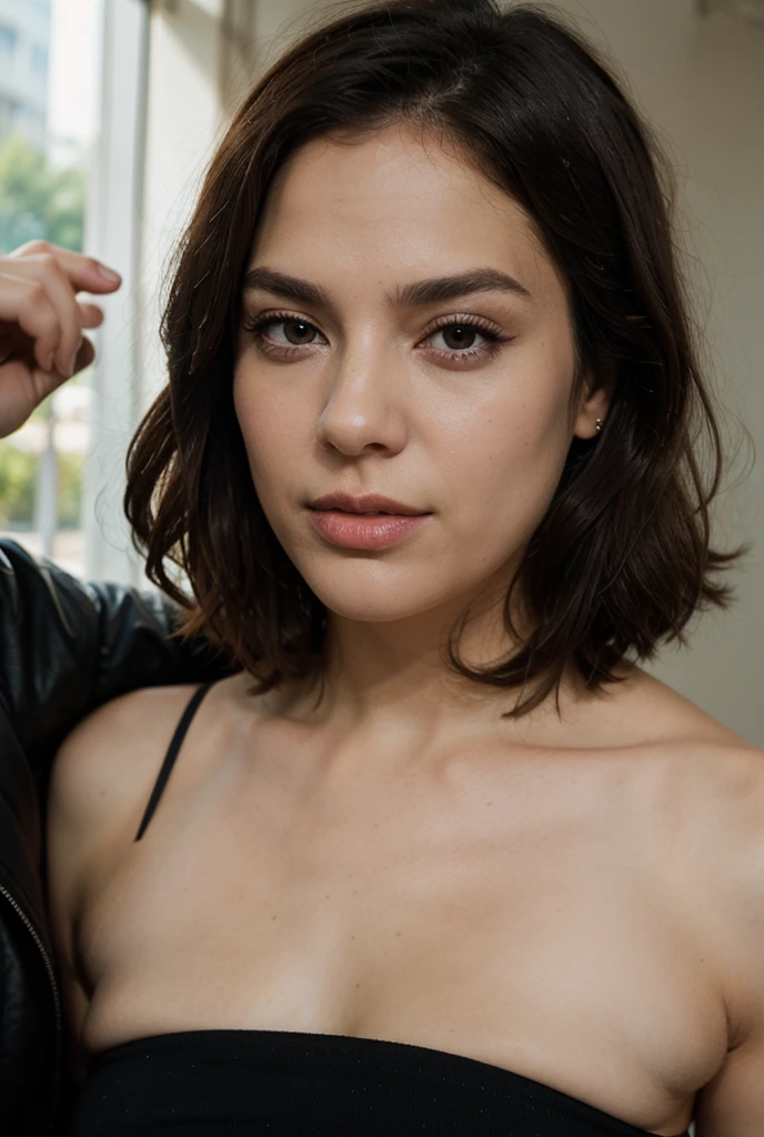 Buetifull femnine bman with tan skin, long curly dark brown hair parted to the side shaved sides, white tanktop, grunge looking man, femnine badass looking guy, smooth skin, long curly hair, femnine face, male, femboy, close up,