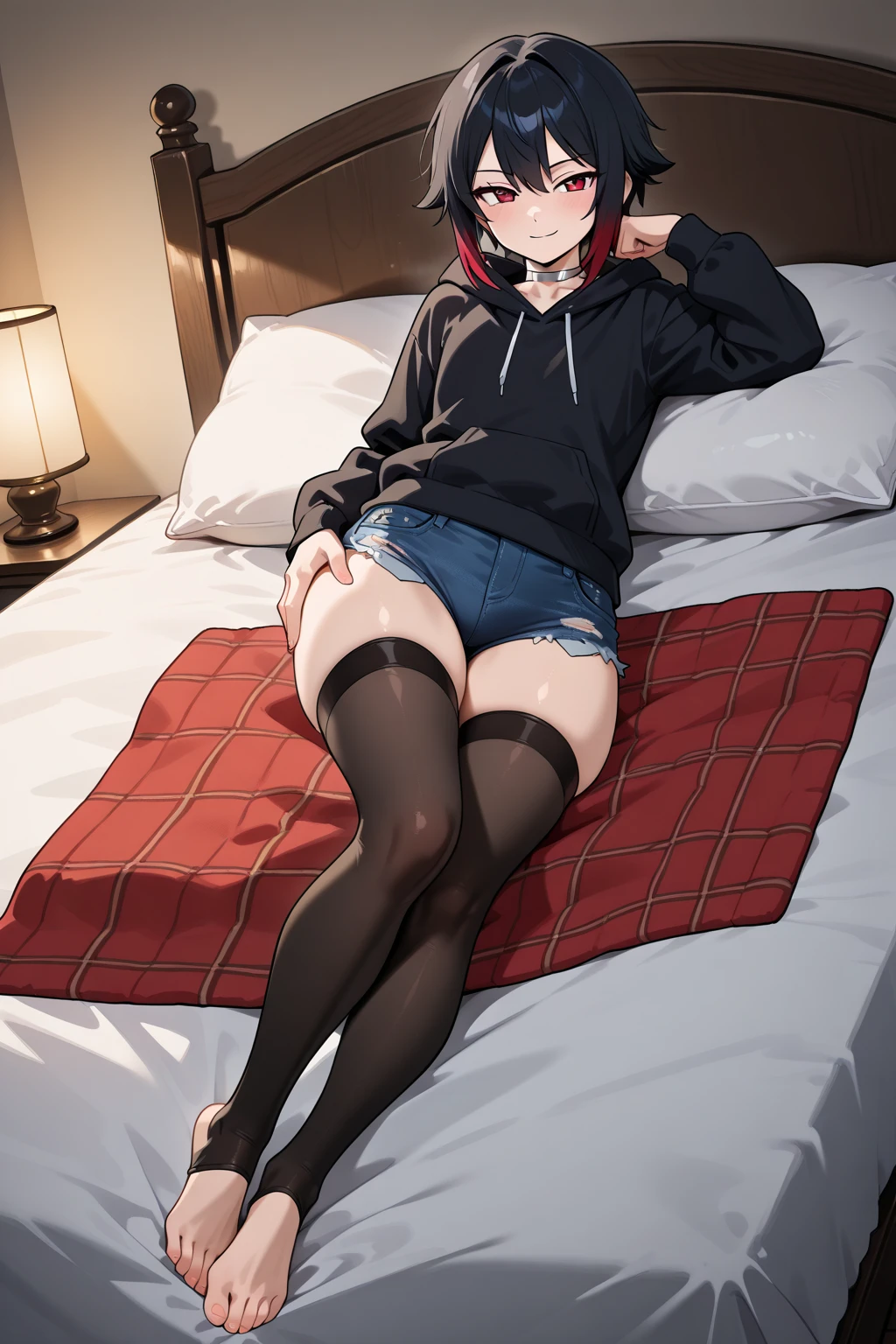 masutepiece, Best Quality, 1girl in, (karen),Red color hair, (red eyes:1.2),((Knitted tops))、((Denim miniskirt))、((embarassed expression))、((Bedroom))、((Spread your legs apart))、((pantyhose))、((short-hair))