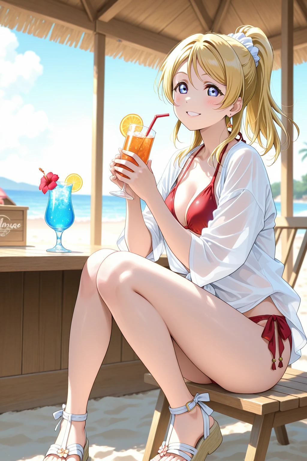 masterpiece, best quality, absurdres, ligne claire, flat color, looking at viewer, solo, smile, open mouth, (mature female:1.1)
1girl, ahoge, artoria pendragon, blonde hair, green eyes, french braid,  pony tail, (large breasts:0.7),
bikini, (open shirt:1.1), toned, (abs:0.8),
sitting, from side, ice tea,
tropical fruit,  citrus, orange, lemon, lime, plants, ocean, clouds, abstract background