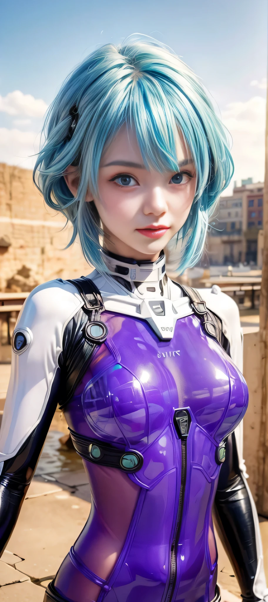 masterpiece, best quality, (realistic,photo-realistic:1.4), (RAW photo:1.2), extremely detailed CG unity 8k wallpaper, delicate and beautiful, amazing,finely detail, official art, absurdres, incredibly absurdres, huge filesize, ultra-detailed,extremely detailed eyes and face,light on face,shinon,(little smile),(blue hair:1.4),(undercut hair:1.5),cliff background,(sidelocks:1.3),black shorts,(wear transparent plugsuit:1.5)