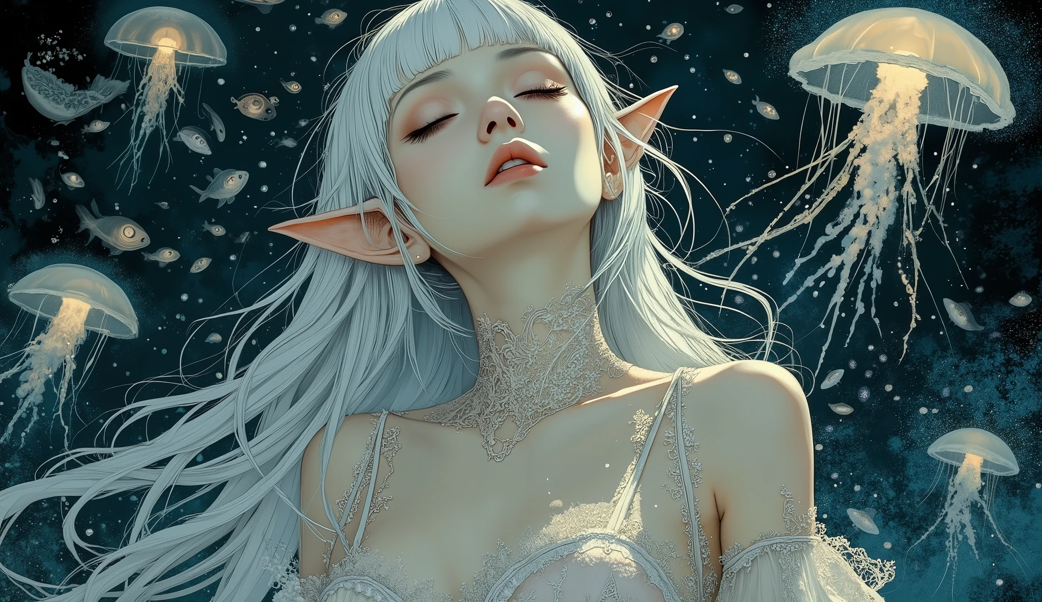 (A fusion of Ukiyo-e and dark fantasy. Aesthetic and gothic digital art. Draw a detailed face. Look away.) BREAK (White hair. Blunt bangs. White eyebrows. Long white eyelashes. Almond-shaped eyes. Thick, dark eyeliner. Small pink lips. Slightly pointed ears. Pale skin. Thin limbs. Thin fingers. White nails. Draw one thumb and four fingers accurately.) BREAK (An enchanting sea elf maiden in deep sleep, suspended in the midnight zone of the ocean. Her form is draped in delicate, Renaissance-era Italian court lingerie, featuring fine embroidery and ribbons. The only light comes from a school of bioluminescent fish and glowing jellyfish that swarm around her like living lanterns. A continuous shower of faintly luminous marine snow falls gently, capturing the tranquility and mystery of the abyss. Hyper-detailed, fantasy illustration, volumetric lighting, masterpiece.)