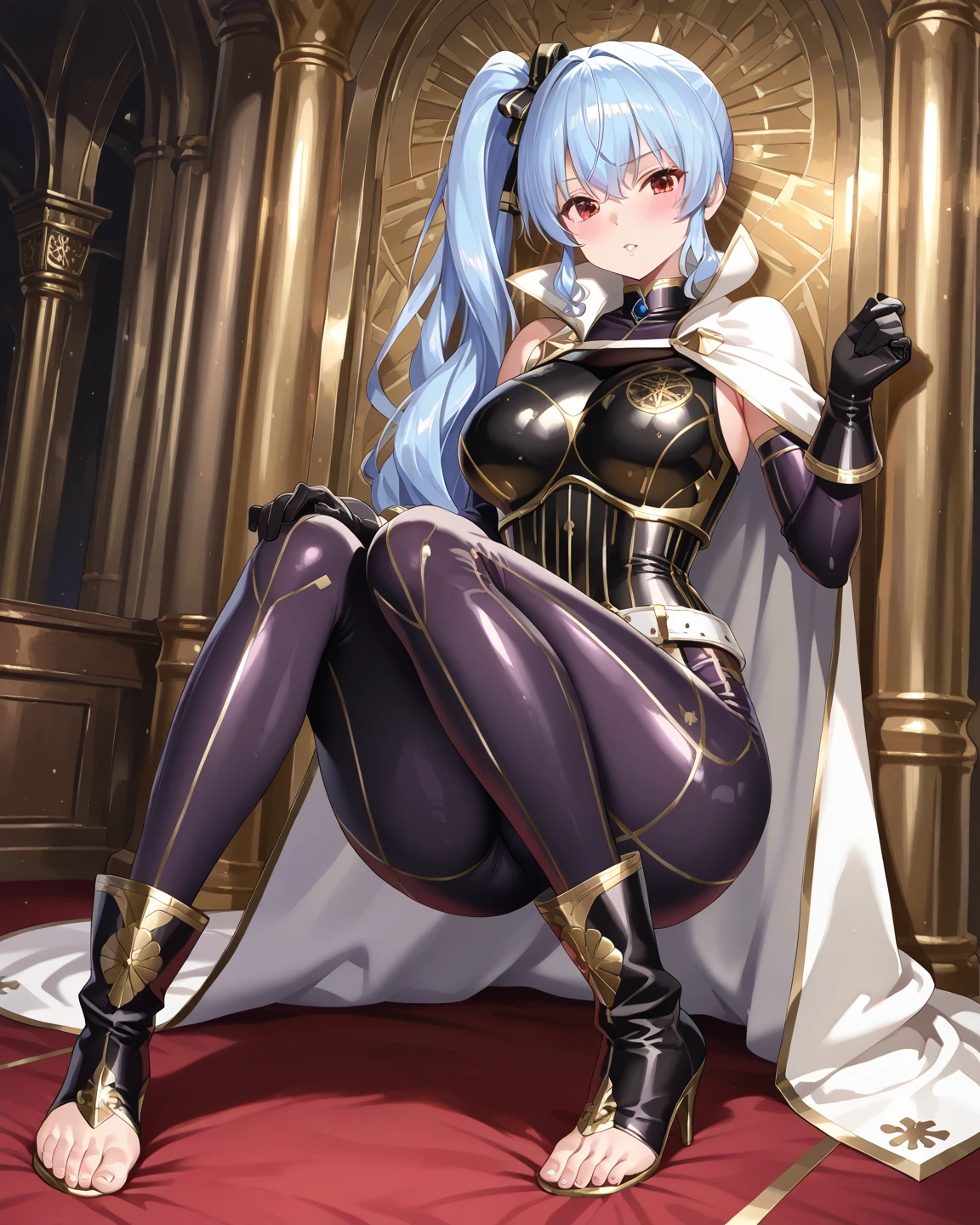 petrification,(masterpiece, best quality:1.2), solo, 1girl, minamotost2, smile, looking at viewer, armor, purple bodysuit, rope, ribbed sleeves, black gloves, fingerless gloves 