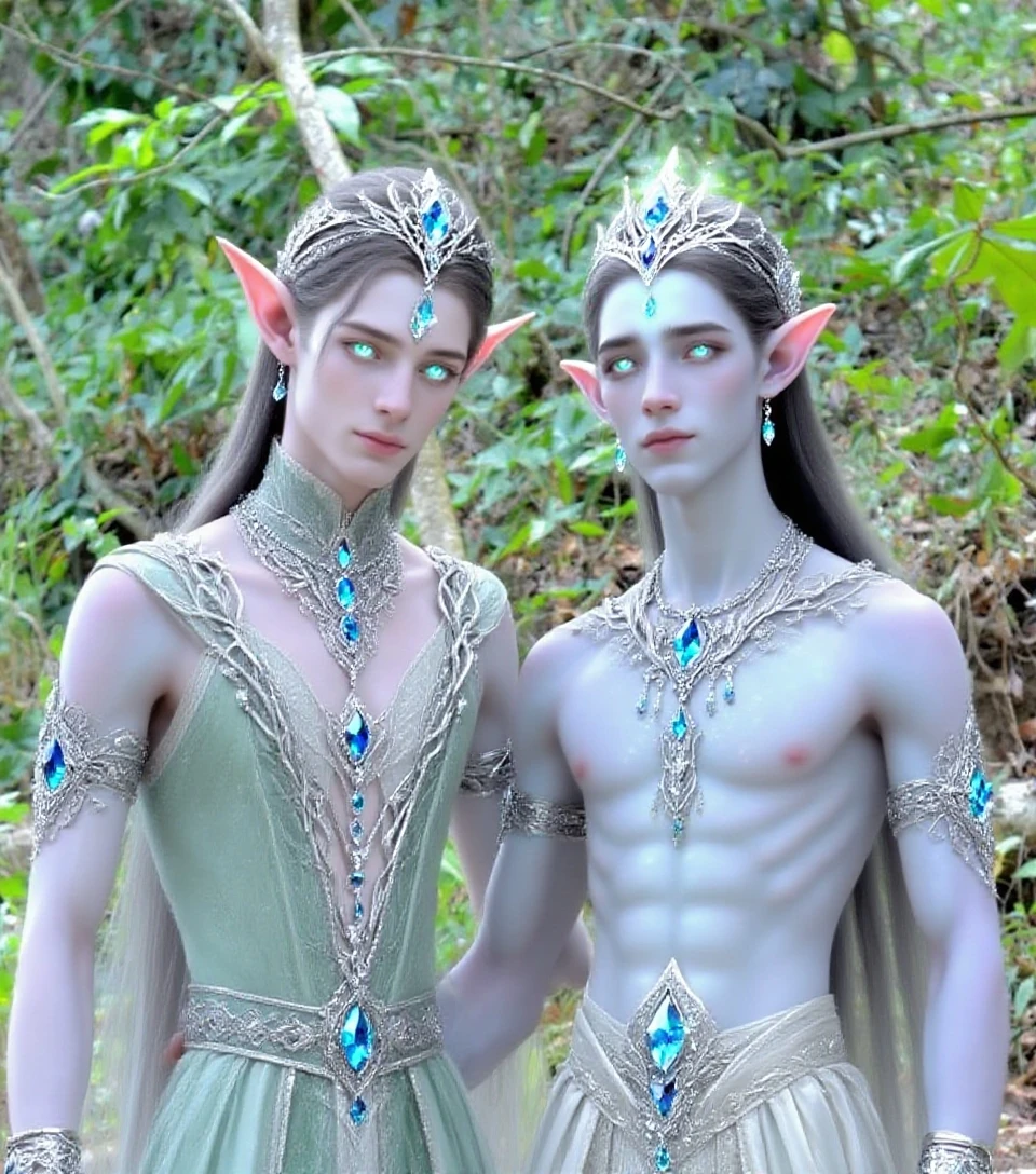 An elven goddess sits on her throne in her male harem, her figure slender yet powerful, Her facial features are sharp and elegant, with a strong jawline and high cheekbones. Her piercing deep blue eyes are intense and almost hypnotic, staring at the viewer. Her long, flowing black hair has an eerie sheen. Her skin is an eerie, pale shade with a cold, bluish undertone, giving her an ethereal, ghostly appearance. She is completely nude, except for headdress, made from jagged spikes of blue crystal. A naked young boy is suckling at her right breast. A naked boy stands beside her, holding a cup of water, and her hand is covering his penis. The goddess's expression is serene and maternal, while the boys look up at her with adoration and longing. The atmosphere is one of eerie calmness and subtle sensuality, cinematic lighting, explicit, detailed, ultra detailed, 4k, made in unreal engine