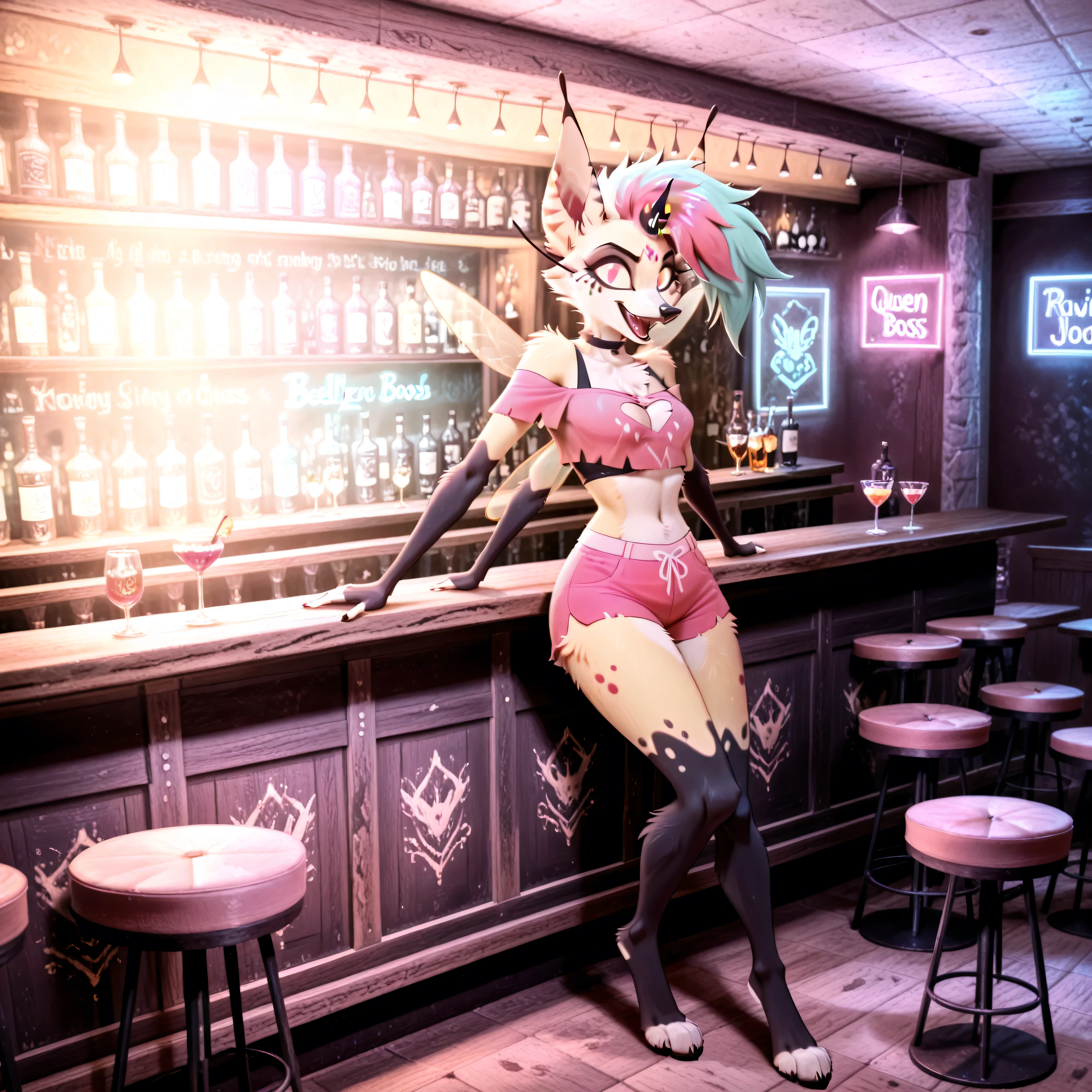 beelzebub \(helluva boss\),Queen Bee, furry female, mohawk hair, ethereal hair, multicolored hair, pink eyes, yellow sclera, no pupils, long eyelashes, running mascara, yellow fur, white fur, striped ears, multicolored midriff, pixie wings, pair of pixie wings, four arms, 2 pairs of arms, black choker, off-shoulder top, pink crop top, black bra, clothing cutout, midriff, pink shorts, looks at right,stands on the left in the picture, offset view, 8k, ruanyi1098, bar \(place\), neon lights,