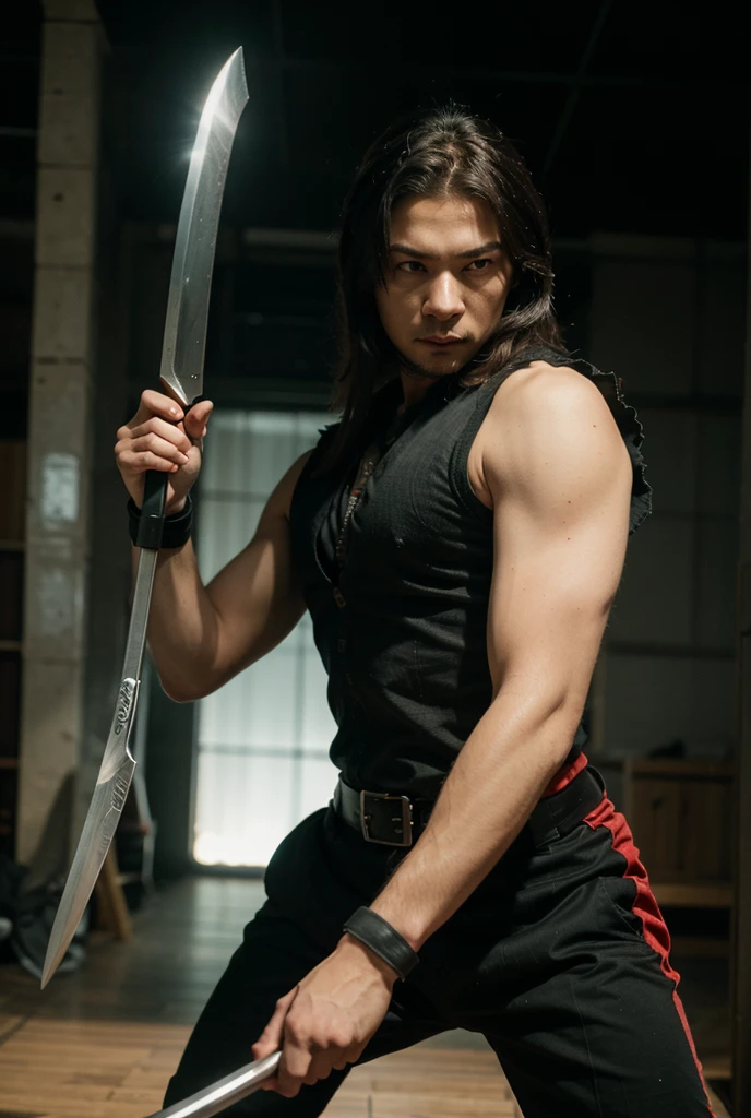 Man with pale skin and sharp teeth, long black hair, purple poisoned blade sword