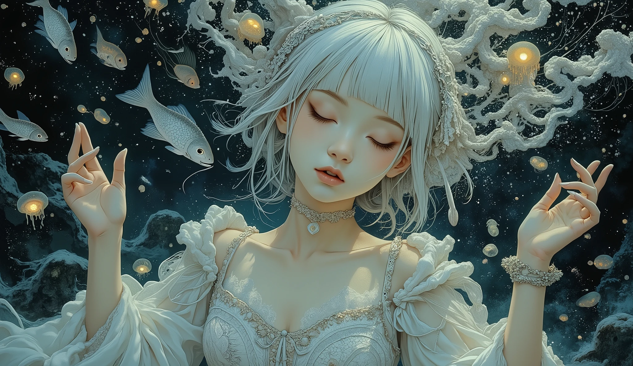 (A fusion of Ukiyo-e and dark fantasy. Aesthetic and gothic digital art. Draw a detailed face. Look away.) BREAK (White hair. Blunt bangs. White eyebrows. Long white eyelashes. Almond-shaped eyes. Thick, dark eyeliner. Small pink lips. Slightly pointed ears. Pale skin. Thin limbs. Thin fingers. White nails. Draw one thumb and four fingers accurately.) BREAK (An enchanting sea elf maiden in deep sleep, suspended in the midnight zone of the ocean. Her form is draped in delicate, Renaissance-era Italian court lingerie, featuring fine embroidery and ribbons. The only light comes from a school of bioluminescent fish and glowing jellyfish that swarm around her like living lanterns. A continuous shower of faintly luminous marine snow falls gently, capturing the tranquility and mystery of the abyss. Hyper-detailed, fantasy illustration, volumetric lighting, masterpiece.)