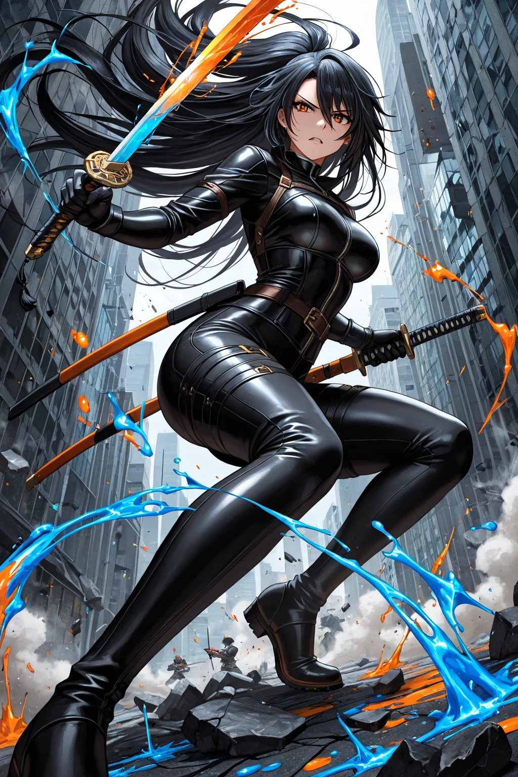 A painting of a woman with long hair and long hair，Beauty in demon killer art，Perfect anime body，s the perfect face，Perfect facial features，angry look，long leges，huge tit，Whole body movement，4k manga wallpapers，Full body combat stance，Realistic light and shadows，beautiful line art，Powerful comic art，anime artsyle，painting art，kentaro miura manga art style，His caricature full-body portrait，Hojoji manga style，shigenori soejima illustration，Beautiful fanart，detail-rich，Masayoshi Suto and artgerm，detailed manga style