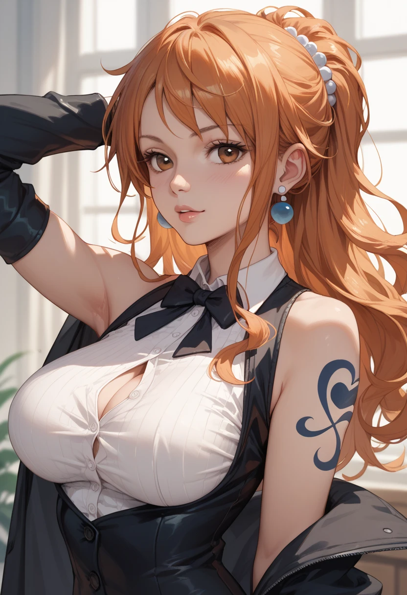 photorealistic, (hyperrealistic:1.2), beautiful, masterpiece, best quality, extremely detailed face, perfect lighting, full body, large breasts, wide hips, thick thighs, detailed eye makeup, detail face, nice detailed eyes, slanted eyes, heavy eye makeup, 1girl, long hair, low twin-tails, (twin-tails:1), hair bobbles, cute cheeky smile face, simple background, grey background, perfect naked, glossy orange hair, juicy thick thighs, full body, shiny skin, smooth skin, skinny body, (young:1.3), (flat chest:1.8), perfect anatomy