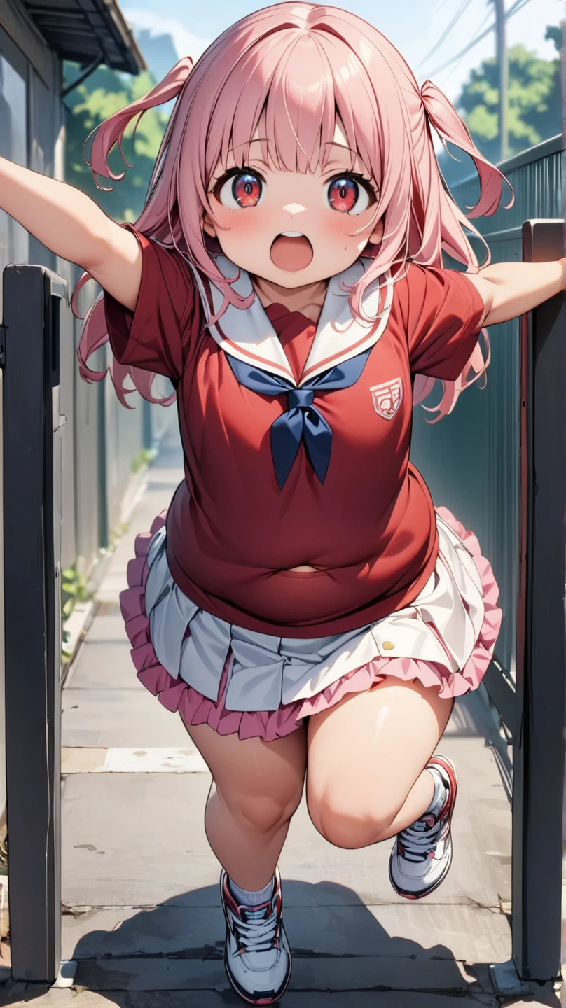 masterpiece, Highest quality, Nico_Yazawa,High resolution, 1 Girl, alone, Brown Hair, short hair, Twin tails、Purple eyes, , Pink Dress, ()、(Beautiful thighs)、city, Outdoor, garden, Carrying a red backpack, (randoseru backpack:1.2) Sweaty、Thick thighs、Highest quality、4K、1girl, 8years old, loli, cute, grin, 、School Swimsuit、In the city、Many passersby are surrounding the girl.、、Thick thighs、Ahegao、Men holding their penises and surrounding girls、Semen from the penis、Bukkake、Bukkake、(Bukkake)projectile cum、Blowjob