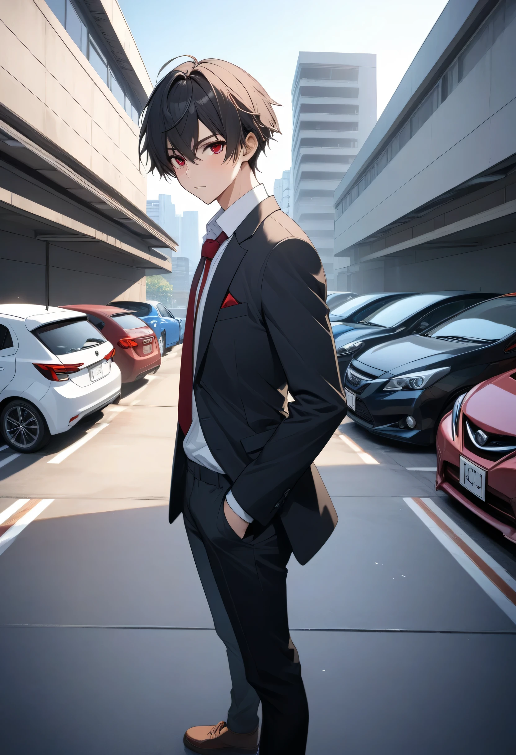 masterpiece, better quality, high resolution, UHD, perfect pixels, depth of field, 4k, RTX, hdr))), A 21-year-old boy , alone, full body, slim body, tall height, Art Style, anime character, ((serious look, short hair on the sides, color black )), (scarlet eyes: 1.2,), (detailed face, blush: 1.1),is standing looking at the camera at one end of the socket, (dynamic angle, pose dinámica: 1.2 pov , Close-up, front view ), he wears a black suit with a cherry tie, white shirt, , ((in the background an underground parking lot, you can see the morning light and you can see buildings in the distance since the parking lot is on the third floor. you can see concrete slabs and walls and some Japanese cars, Well, they are in Tokyo Japan))