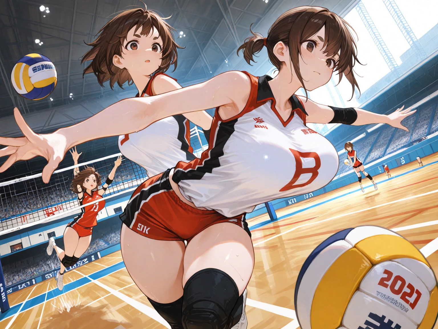 Only one female, /(Volleyball Uniforms/), Dynamic pose, /(Light brown hair/) bangs, (A look of determination, Turn your back), (Top quality masterpiece:1.2) Delicate illustrations with super detail, break /(Indoor volleyball court/)
