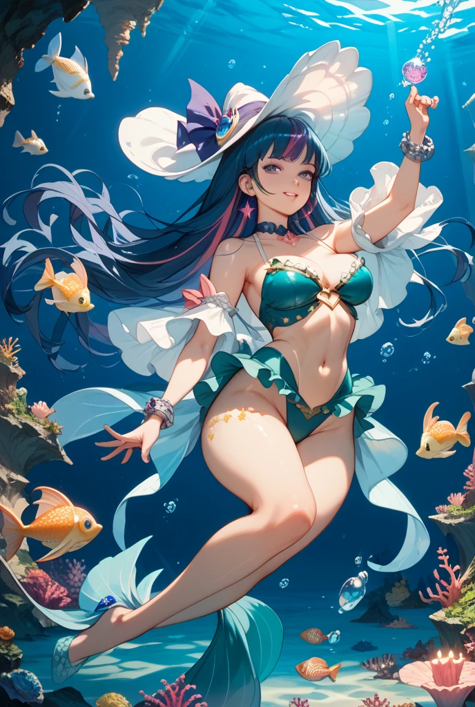 ((Highest quality)), ((masterpiece)), ((detailed)), (4K), a sexy anime girl wearing a 比基尼 in water with waves, 1girl, 独奏, swimsuit, breasts, 比基尼, hat, indigoblue hair, cleavage, navel, water, large breasts, looking at viewer, bangs, frills, frilled 比基尼, sitting, pink 比基尼, long hair