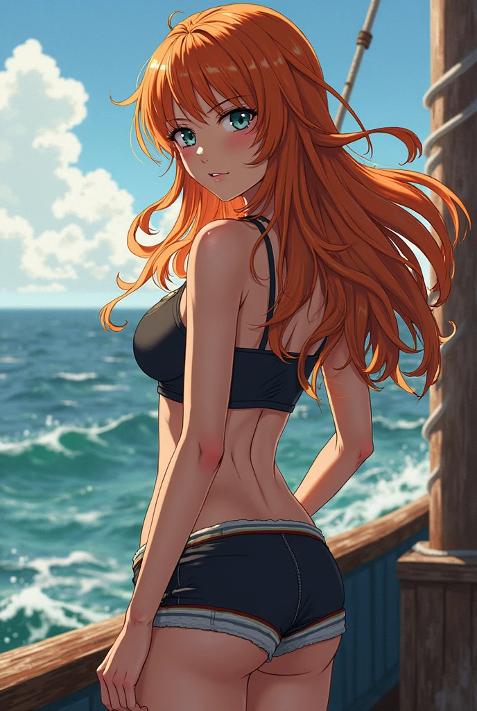 ((masterpiece)), Highest quality, 4k, ((anime style)), ((ultra-detailed)), (Low Angle Shot), 1girl, (red hair), (medium straight hair:1.2), (short bangs, left-parted bangs, and right hard swept bangs:1.2). (applegreen eyes:1.2), (large breast:1.1), age19, knight, swim suit, hip hang, smile, (beach),