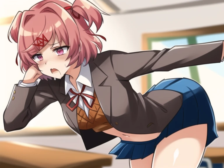 Skirt up, black skirt, long hair, getting a spanking, flushed buttocks, brown hair, headphones, red hoodie, black socks, green eyes, forced, palm marks, punishment, spanked butt, bend over, crying, paddle, no panties, rectal thermometer, spankee