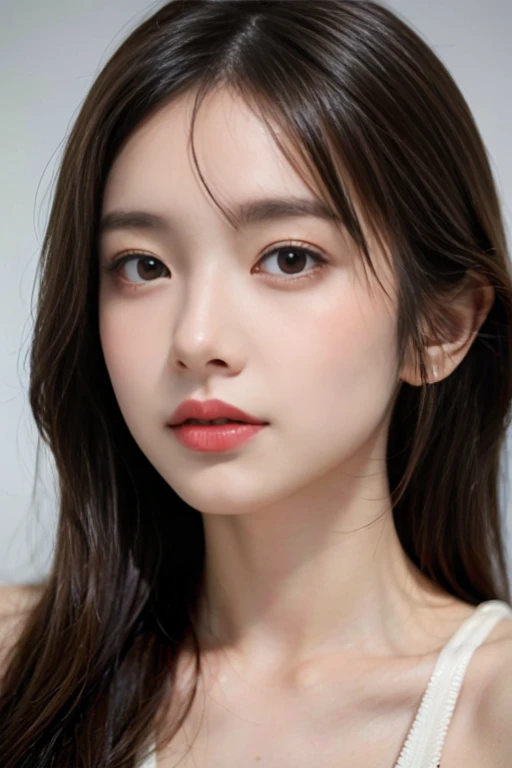 (Highest quality,8k,High resolution,masterpiece:1.2),Digital Art, girl，Delicate face，Delicate eyes，Dark brown hair，Straight hair，Low Ponytail、Sparkling amber eyes，Red lips，particle，Dust，A little blush，shy，in love，Gaze lovingly at，(HD Skins)，Cleavage，Shallow depth of field，Warm colors，2-color light、Detailed eyes、Detailed face、Densely drawn eyes、Close-up photo focusing on upper body、