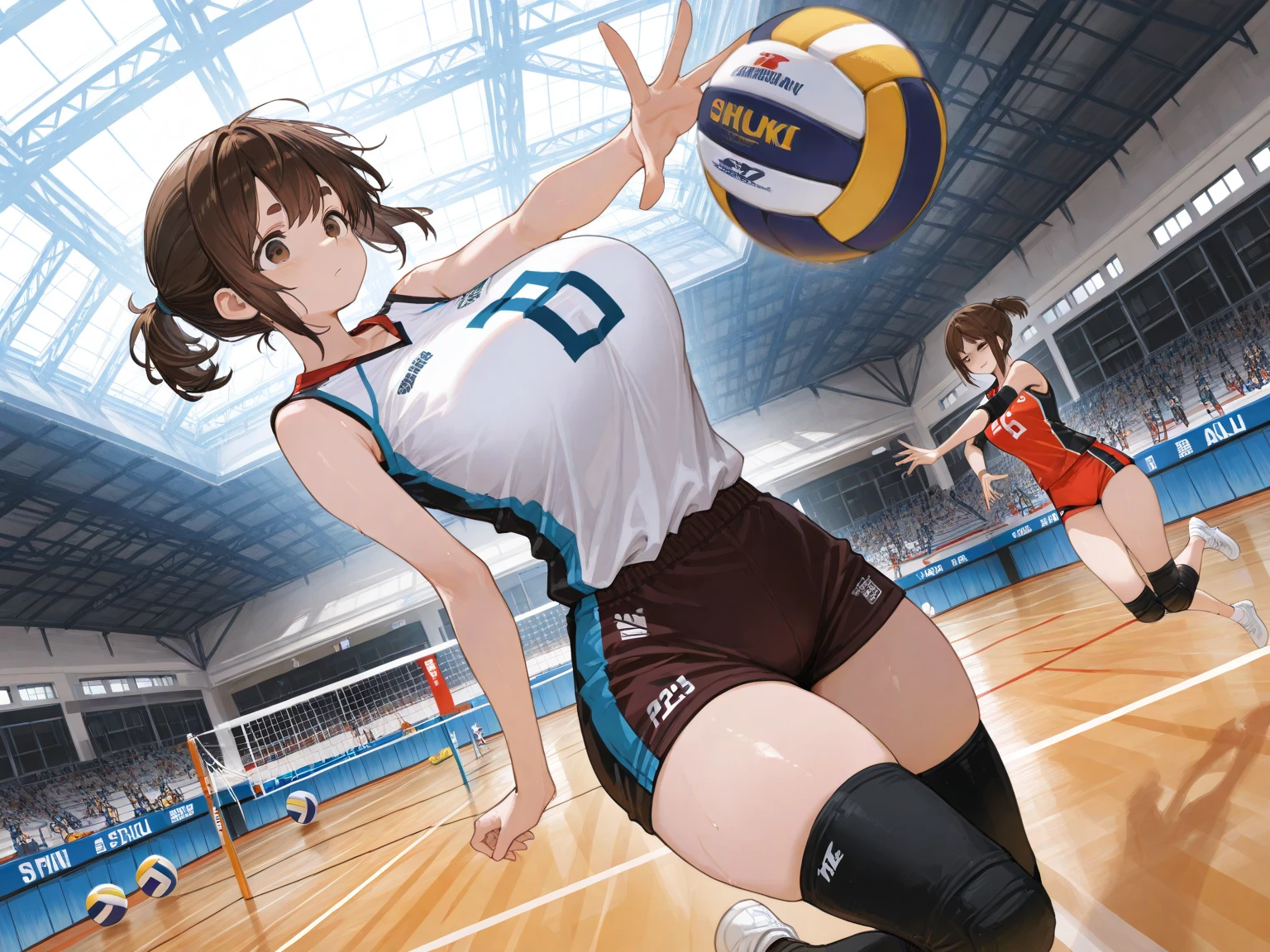 araffe woman in a blue and white uniform playing volleyball, wearing a volleyball jersey, Nishimiya Shoko, mayuri shiina, Chiho ashima, volleyball, For whom?, Chiho, Kazami Yuuka, 4K