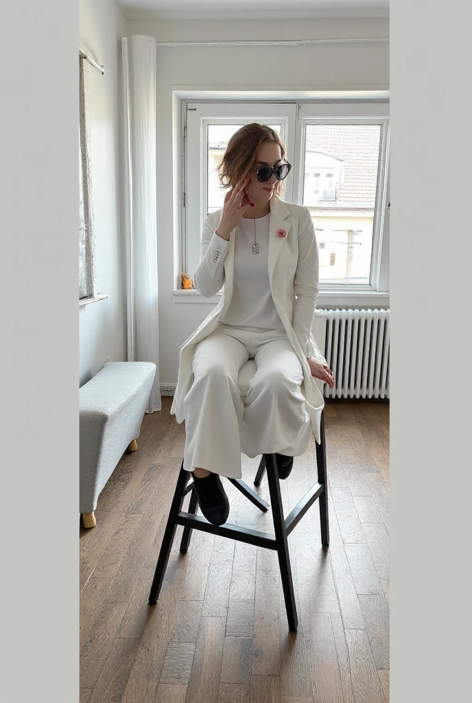 ((Realistic lighting, Best quality, 8K, Masterpiece: 1.3)), Clear focus: 1.2, 2girl, Perfect Figure: 1.4, Slim Abs: 1.1, ((short blonde bob hair)), (chic, tailored pantsuit and turtle neck: 1.4), Super fine face, Fine eyes, Double eyelids, woman is posing while sitting in a bus stop in a street, inspired by Gina Pellón, instagram, tachisme, violet myers, lorena avarez, olivia culpo, alanis guillen, looks like laura barriales, sophie mudd, tanned ameera al taweel, beautiful iranian woman, full body portrait