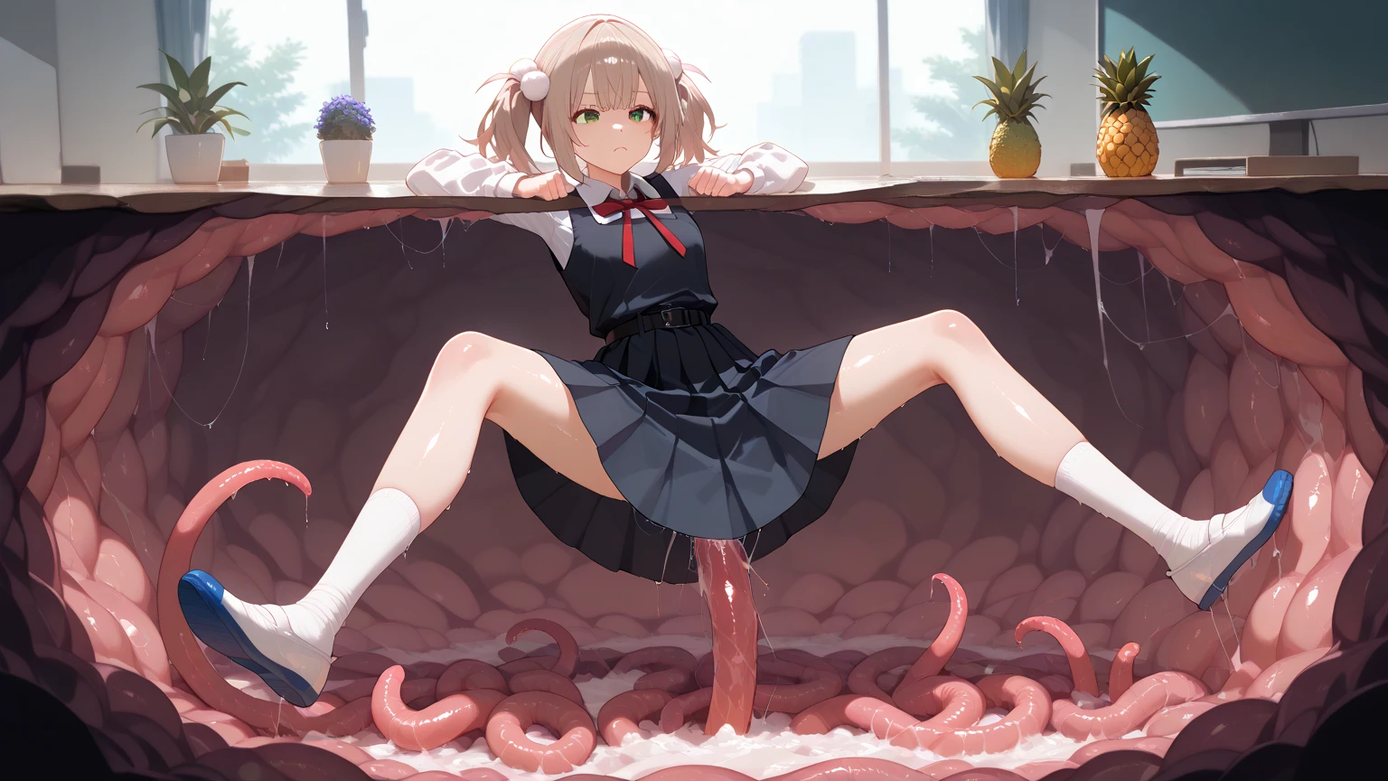 (woman),(Octopus Tentacles),(((intense orgasm:1.1))),(tears:1.2),(Sweat:1.3),((at the church:1.1)),(((skirt,panty))),(button-down shirt),(clothing),(leaning behind),((nsfw)),((Squint eyes:1.3)),(embarrassing,blush:1.3),Japanese anime,masterpiece, Highest quality, Very detailed, Dynamic Angle, ((Perfect hands)),Great background, Meaningful Background, Absurd background, Artistic Overlays,panty,white haired woman,red eyes,maid squat