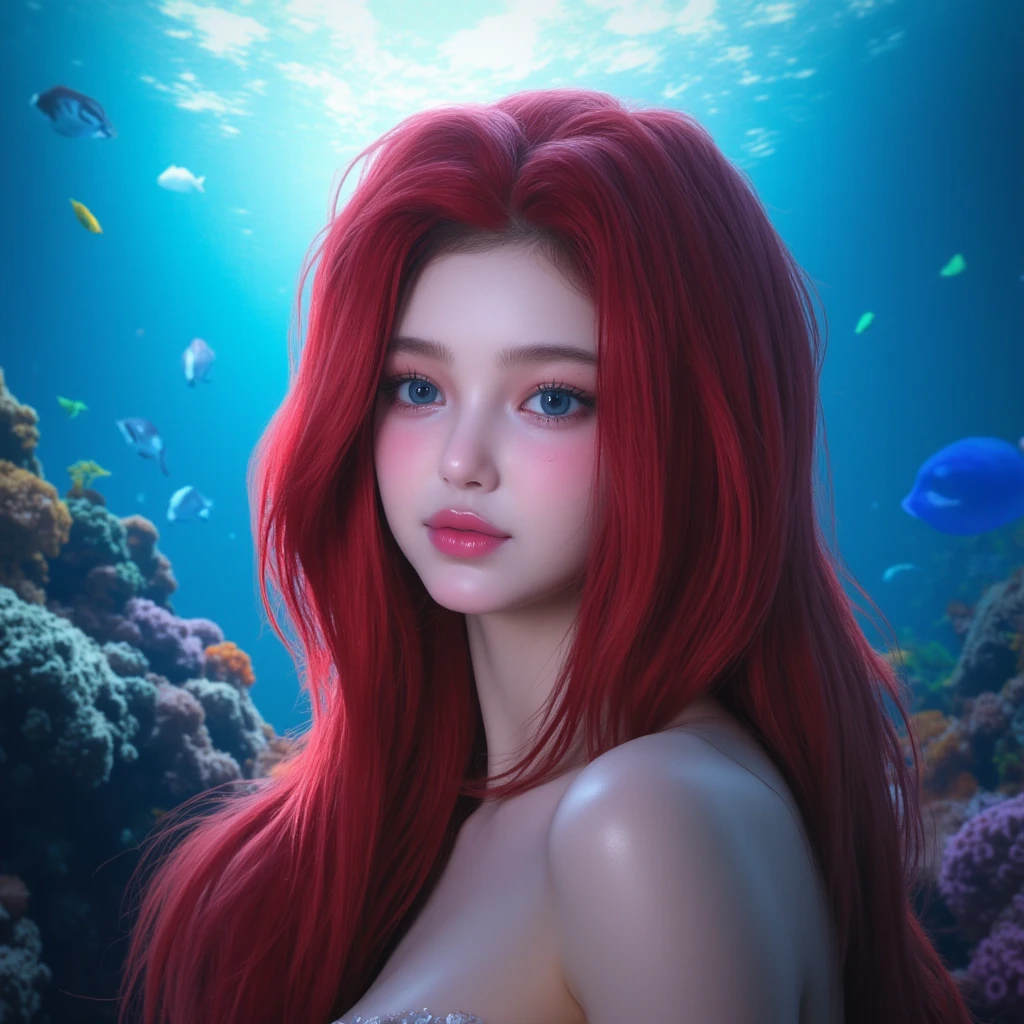 A realistic asian mermaid, beautiful detailed eyes, beautiful detailed lips, extremely detailed face and skin, long eyelashes, red hair, red mermaid tail, underwater, swimming, photorealistic, 4k, high quality, digital art, fantasy portrait, dramatic lighting, vibrant colors, cinematic
