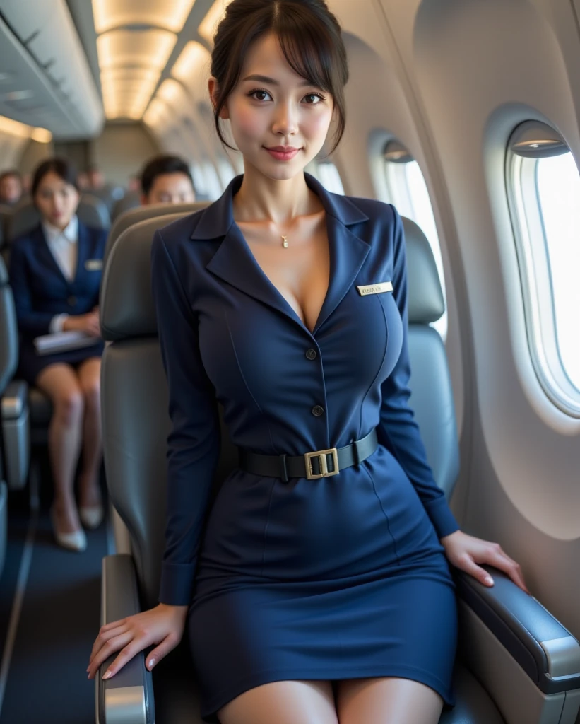 ((of the highest quality, 8K, masutepiece: 1.3, Raw photo)), Sharp Focus: 1.2, (1 AESPA Girl :1.1), (Solo: 1.1), (Realistic, Photorealistic: 1.37), (Face Focus: 1.1), Cute face, hyperdetailed face, (short messy hair: 1.2), (updo: 1.3), small breasts, flat chest, nude, lingerie, thigh, Beautiful flight attendant, airport, Beautiful flight attendant outfit,