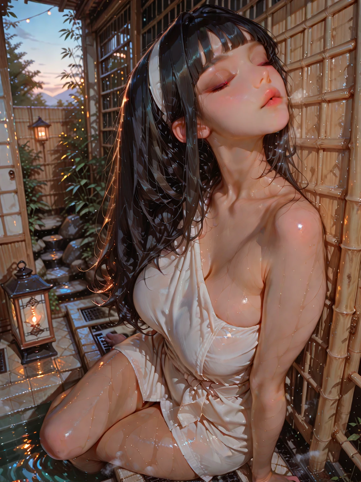 Sexy beautiful girl,Fair skin,二重まぶた,ssmile,Slip dress,long whitr hair --auto