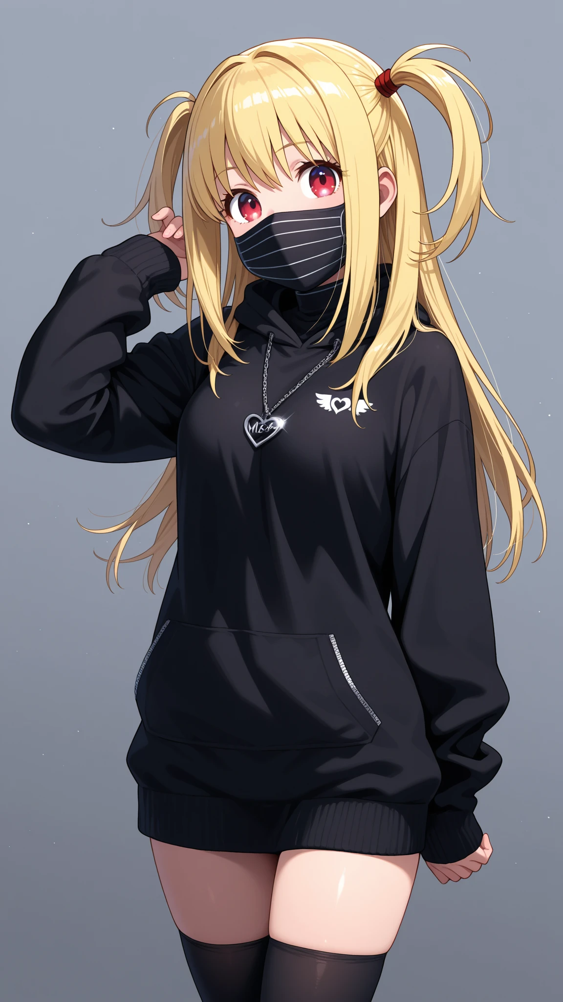 Anime girl cute, tall, blonde hair, 8k wallpaper, exposed thighs, dark hoodies