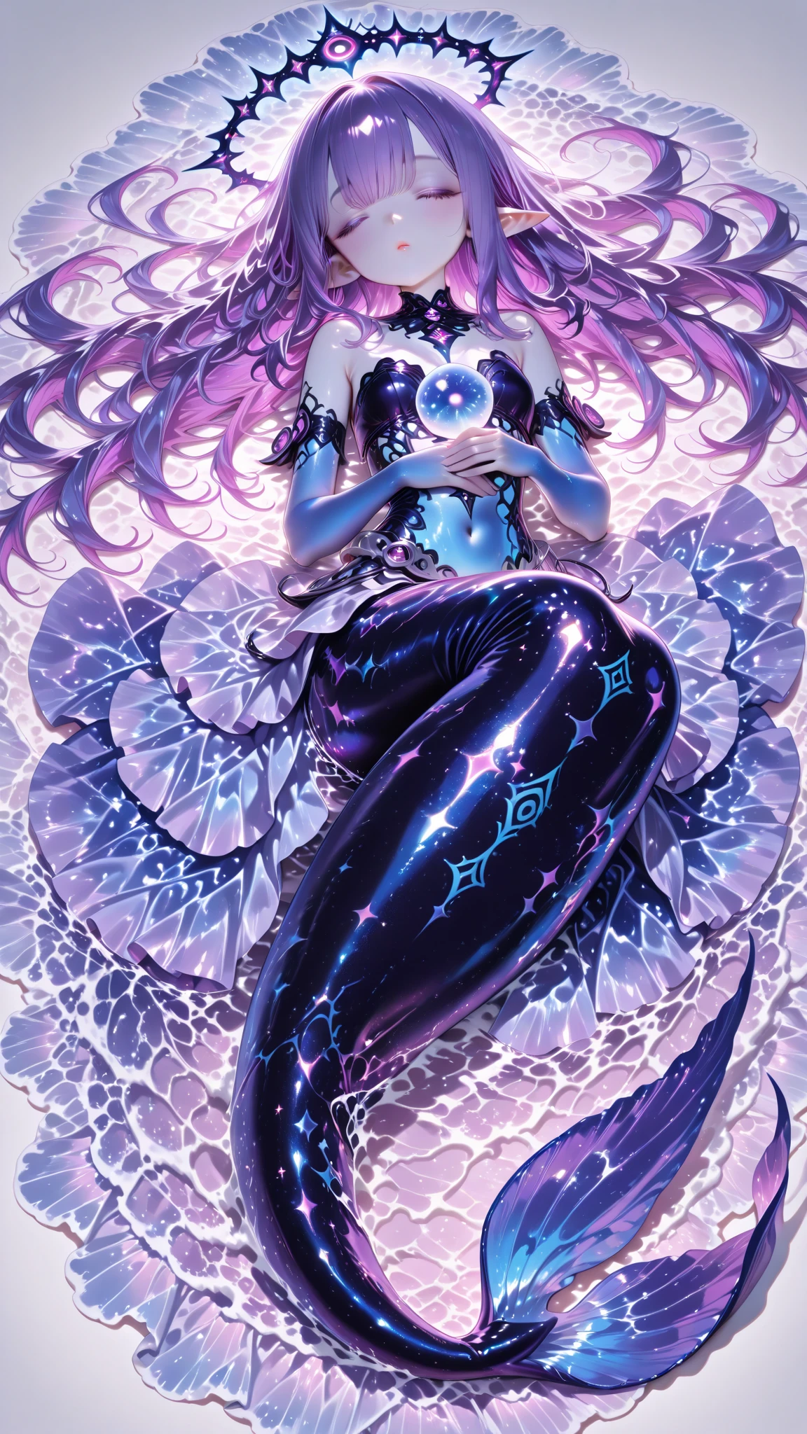 (masterpiece, top quality, best quality, beautiful and aesthetic:1.2), (1girl:1.3), original, high resolution, extreme detail, detail eyes, detail hands, (fractal art), surreal, colorful, enchanted galaxies, galaxy, stars, Purple long hair, Purple eyes, active pose, full body, ((nude 0.5)) Fantasy, Magic, Long galactic dress, shiny sparkle on dress, goddess, divine, barefoot, side eyes, doll face, long eyelashes, glowing stars, glowing sparkles