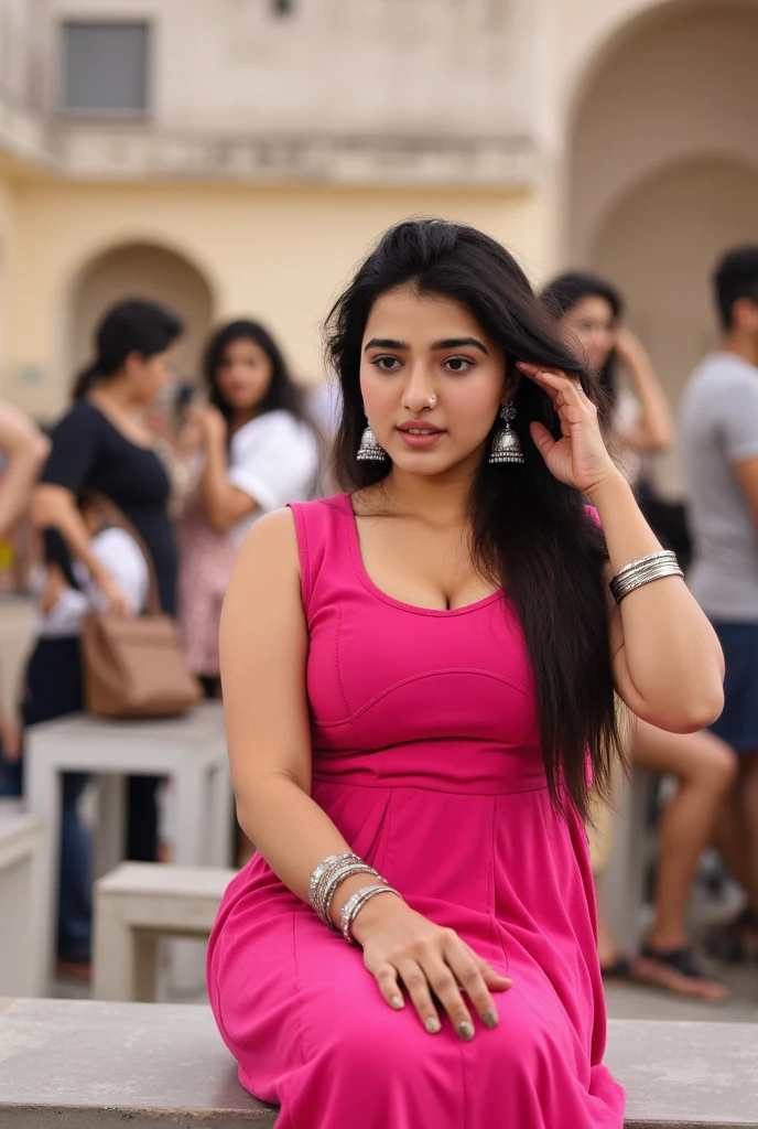 closeup of extremely beautiful young 19 year old beautiful Pakistani teenage model girl, big breasts with bra, wearing casual outfit, standing on a balcony of a hotel, long hair containing blonde highlights and brown lowlights, round face shape, hazel eyes, happy face, realistic photography