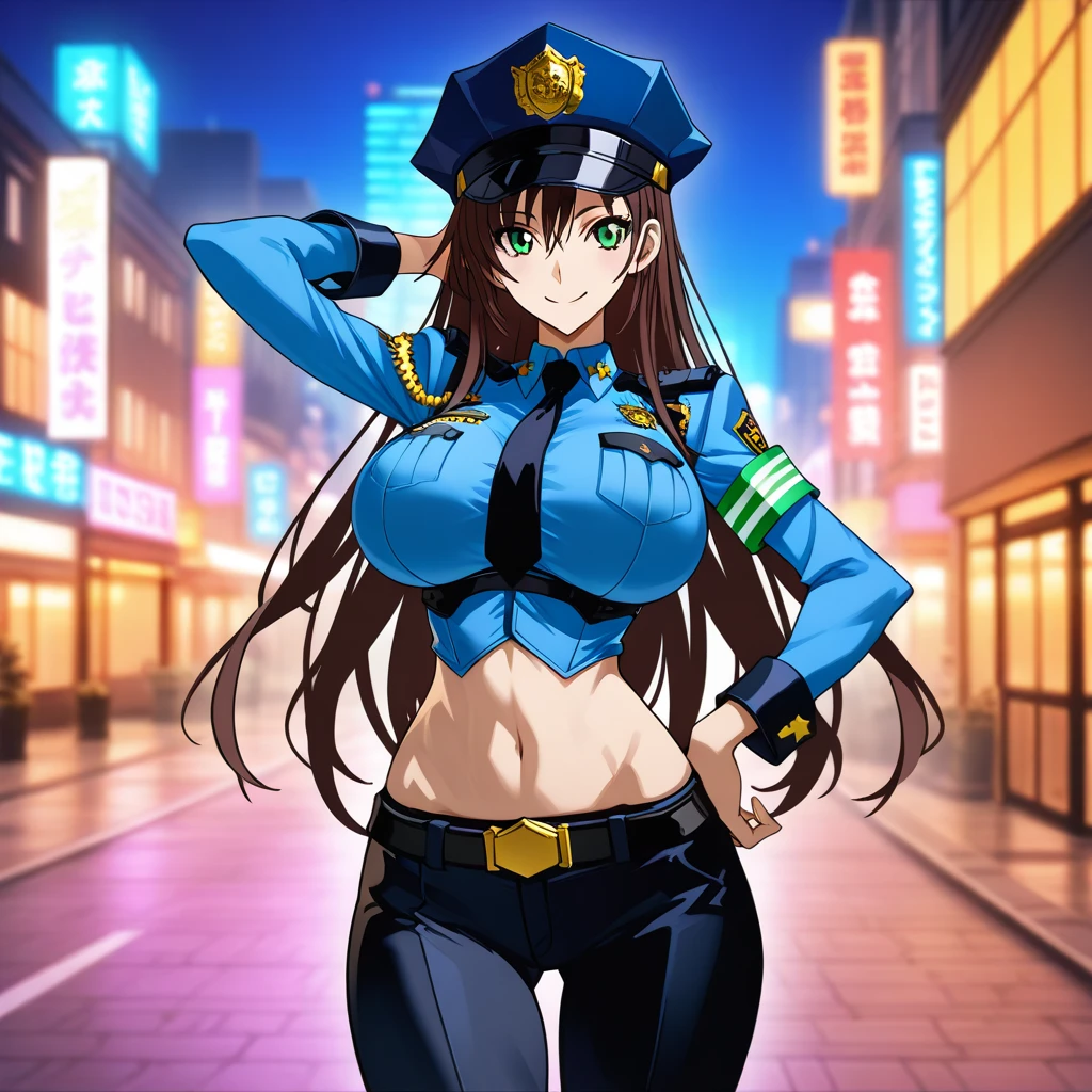 sensei, long hair, black hair, blue eyes, anatomically correct, best quality, masterpiece, high quality, high details, highres, HD, (shaded face:1.2), hollow eyes, blue eyes, looking at viewer, gloom (expression), makeup, lips, race queen, cropped jacket, highleg bikini, micro shorts, thigh boots, peaked cap, huge breasts, night, choker, looking_at_viewer, bokeh, blurry, breasts, solo, cityscape, building, city_lights, city, bokeh 