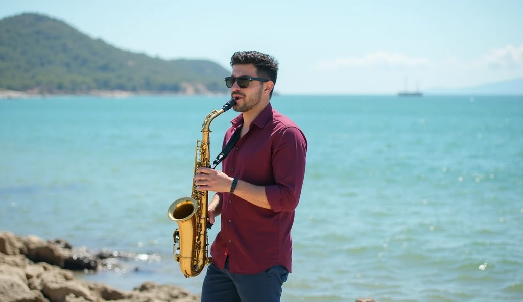 A guy in shorts and sunglasses plays the saxophone on the seashore. He looks at the camera
