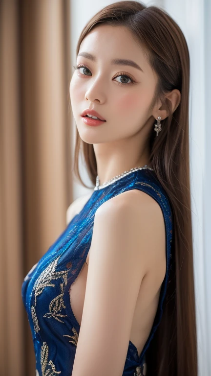 Masterpiece, 4K, bokeh, Photorealistic, high school girl sitting on the beach, (Japanese idle:1.6), Lightbrown long hair, Light brown eyes, Plump breast, Looking at the viewer, Blushed face, Close up, (Silver metallic dress), (Gemstones decoration:1.2, Colorful Gemstones:1.2), (Dress embellished, Sequins), sunset seashore, Beautiful sky and clouds,