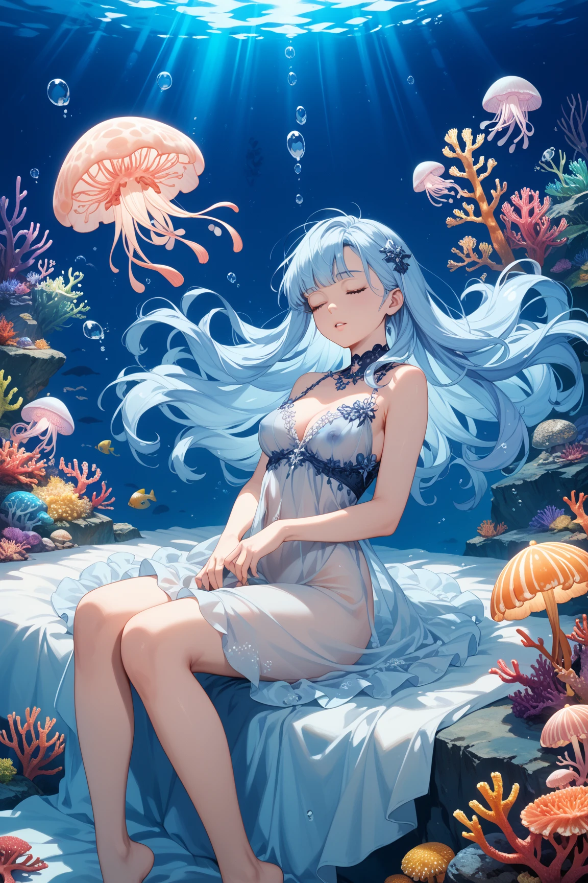 (work of art, maximum quality, best qualityer, offcial art, Beauty and Aesthetics: 1.2), (1 girl: 1.3), (Fractal Art: 1.3), Vibrant Aqua Blue Eyes, Medium Hair with Tassels, Naked in the middle (drawning) fairy or witch or mermaid