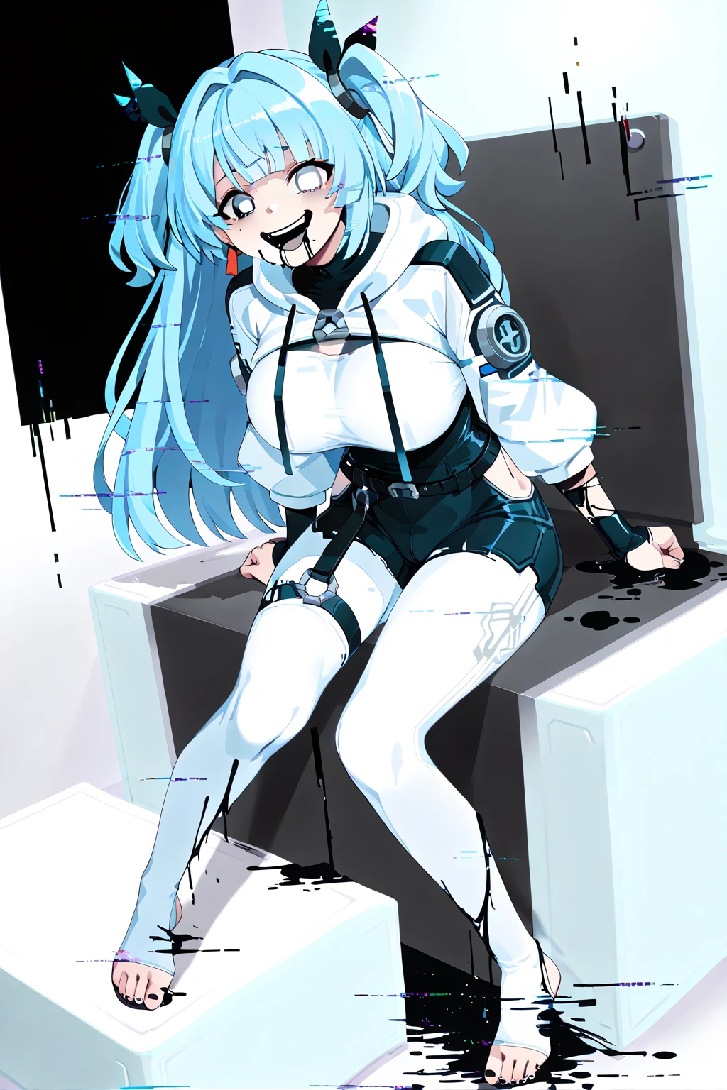 masterpiece, best quality, absurdres, perfect anatomy, 1girl, solo, KoboKanaeru, earrings, ear piercing, stylish outfit, shorts, tank top, night, alley, neon lights, confident stance,classroom,chair,tape bondage, arm behind back, tape gag,sitting, bondage,blindfold