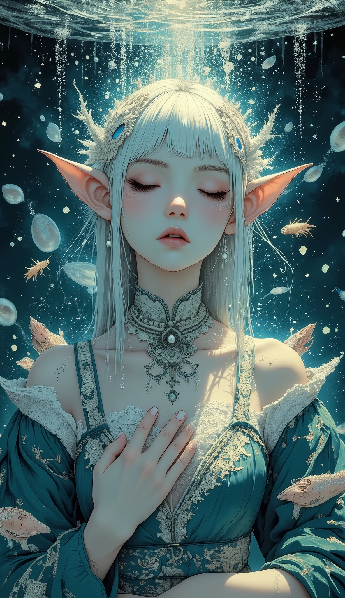 (A fusion of Ukiyo-e and dark fantasy. Aesthetic and gothic digital art. Draw a detailed face. Look away.) BREAK
(White hair. Blunt bangs. White eyebrows. Long white eyelashes. Almond-shaped eyes. Thick, dark eyeliner. Small pink lips. Slightly pointed ears. Pale skin. Thin limbs. Thin fingers. White nails. Draw one thumb and four fingers accurately.) BREAK
(A beautiful sea elf princess, sleeping peacefully while floating in the abyssal darkness of the deep sea. She wears intricate 15th-century Italian Renaissance-inspired undergarments, crafted from shimmering silk and lace. Bioluminescent deep-sea creatures, glowing like neon, illuminate her surroundings. A cascade of ghostly marine snow drifts down, creating a surreal and ethereal atmosphere. Detailed, fantastical art style, cinematic lighting, ultra-realistic.)