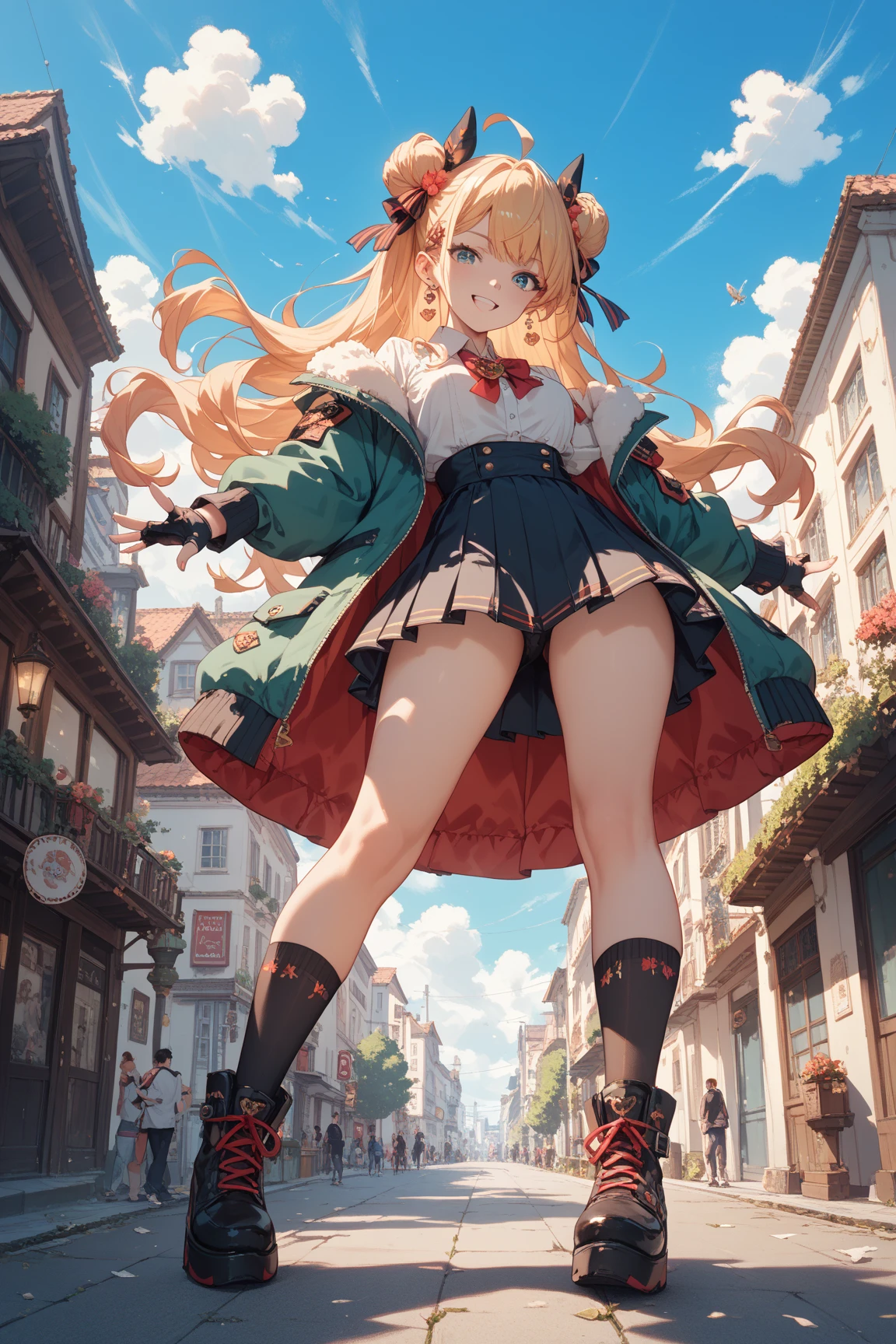 a girl, wizard, laughing, running, looking back, short hair, blonde, blue eyes, pale skin, thighhighs, in the city, at noon, fantasy
