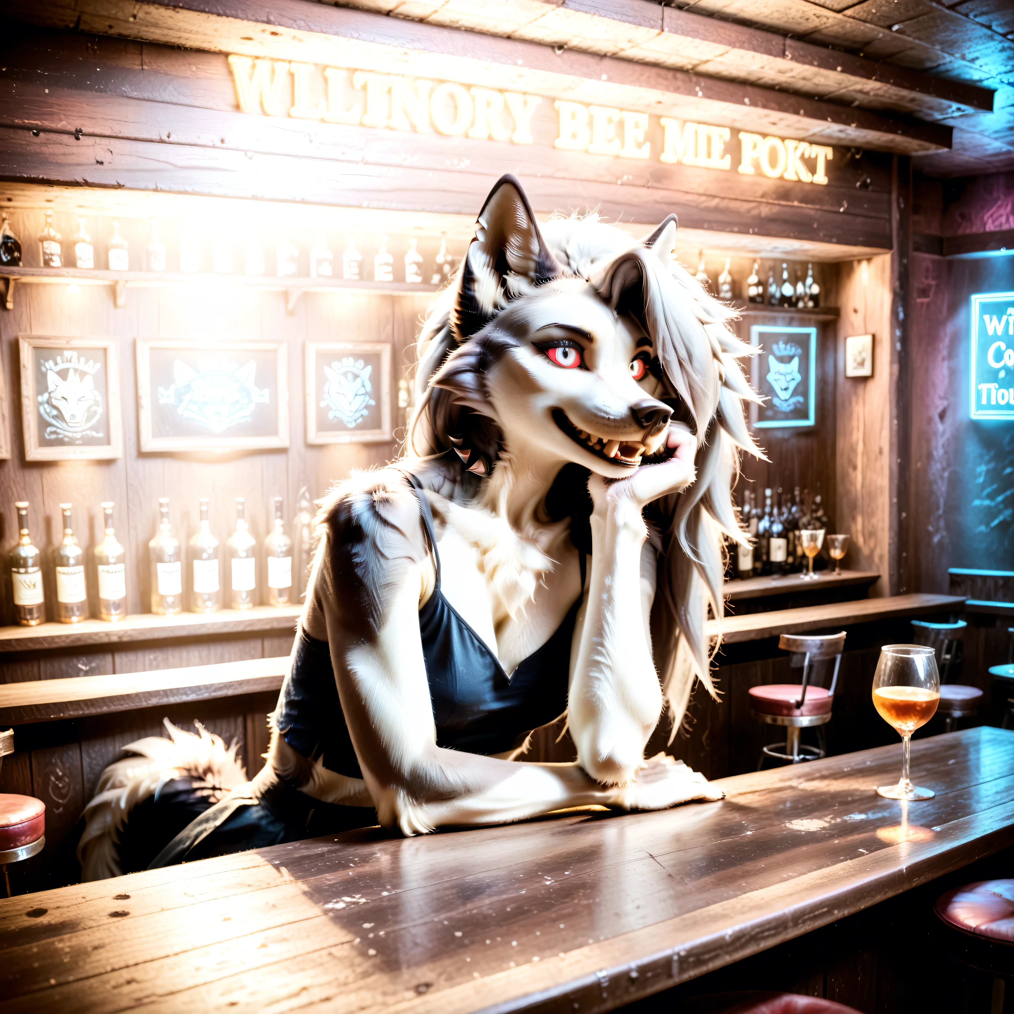 Loona, furry, realistic, fluffy tail, solo, ultrahigh details, ultra-realistic photo, two-tone fur, gray fur, anthro, wolf girl, animal nose, wolf tail, red sclera, white iris, canine teeth, bangs, absurd res, detailed skin, detailed hair, extremely detailed, sharp focus, sharp details, 8k, looks at left, stands on the right in the picture, offset view, high-range shot, 8k, ruanyi1098, bar \(place\), neon lights,