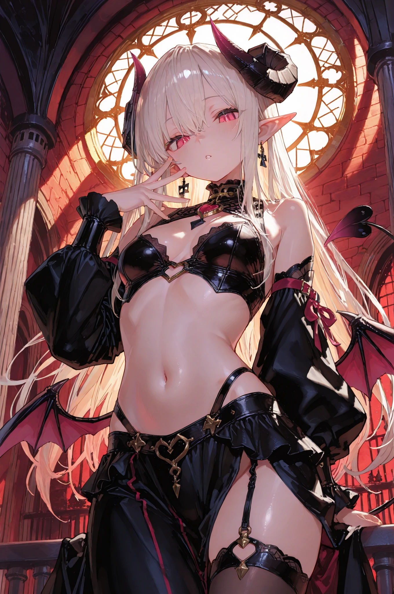 {{masterpiece, best quality, extremely detailed CG, unity 8k wallpaper, cinematic lighting, lens flare}}, (demon horns), cold eyes, mad smile, large breasts, masterpiece、hyper details, ultra-quality、ultra-detailliert、Perfect drawing、Solo、large wing, city backgroung, multi-colored hair red-blue, abs, Detailed eyes, clothes between breasts female focus hairless halter top looking at viewer medium breasts navel outside pink eyes public public nudity spiked bracelet thigh gap, beatiful backgrounds、Accurate drawing、Detailed drawing、high-class sense、Open、Functional、(Composition with an emphasis on the chest)、(Shine a light on the subject)、a girl sitting on the side walk holding a gun, thick body, long blond hair, green eyes, 